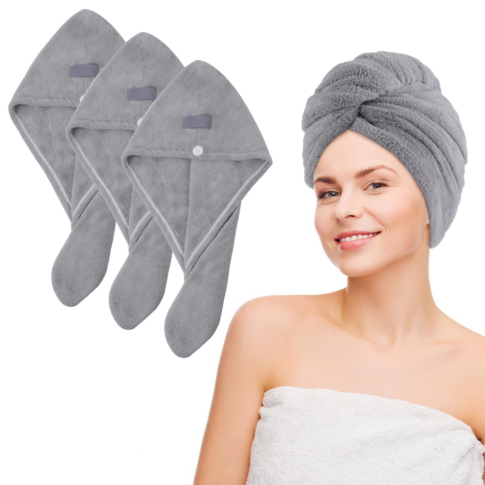 Vivote Anti-Frizz Quick Dry Microfibre Hair Towel Wrap with Button, Super Absorbent for Long Curly Hair 25cm*65cm Grey, 3 Pack