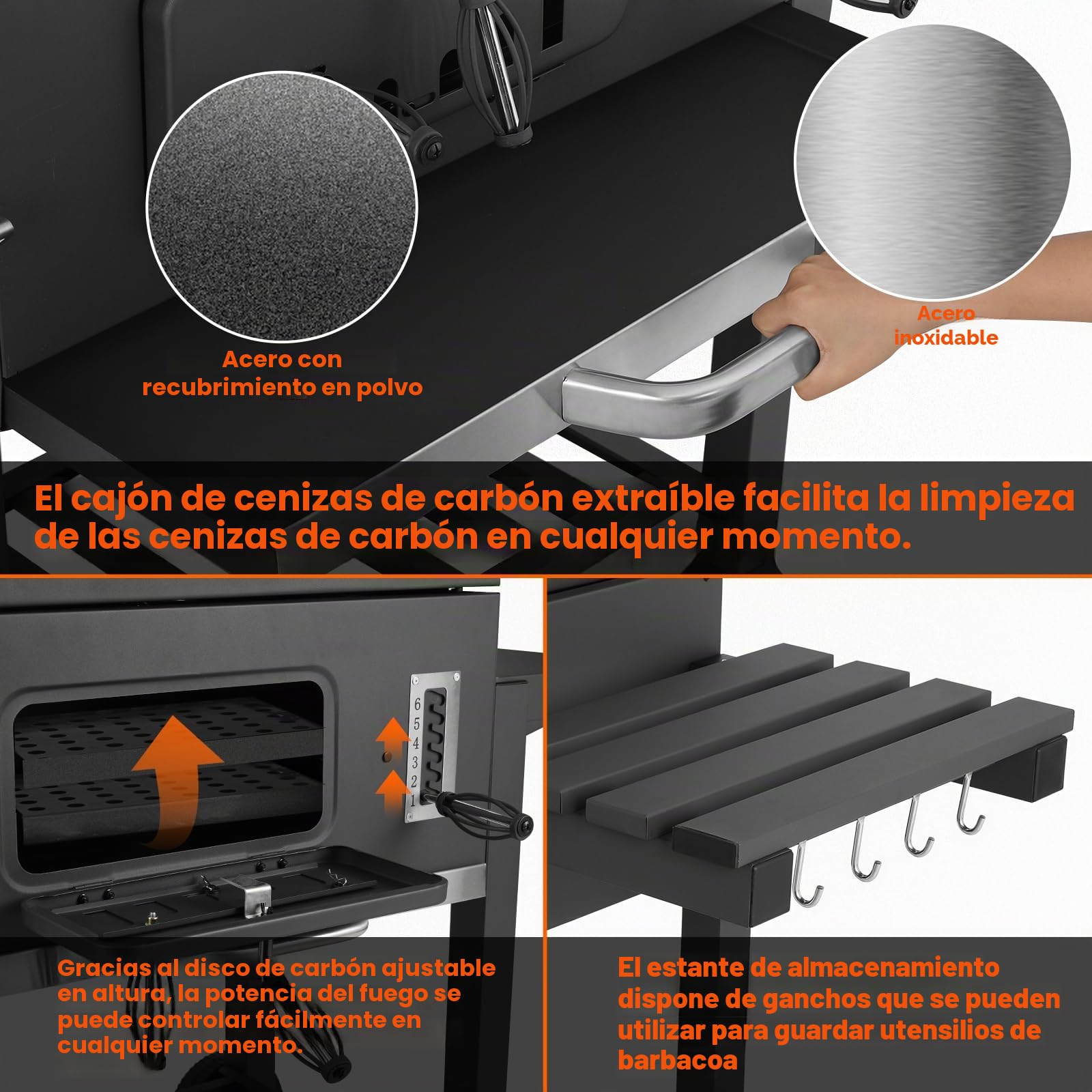 TLSUNNY Barbacoa de Carbon, Parrilla de Carbón XXXL, Barbacoa Carbon con Tapa, 2PCS Ruedas, Termómetro y Chimenea, BBQ Parrilla Grande de Carbón para Jardín y Exterior, Gran Capacidad, Gris