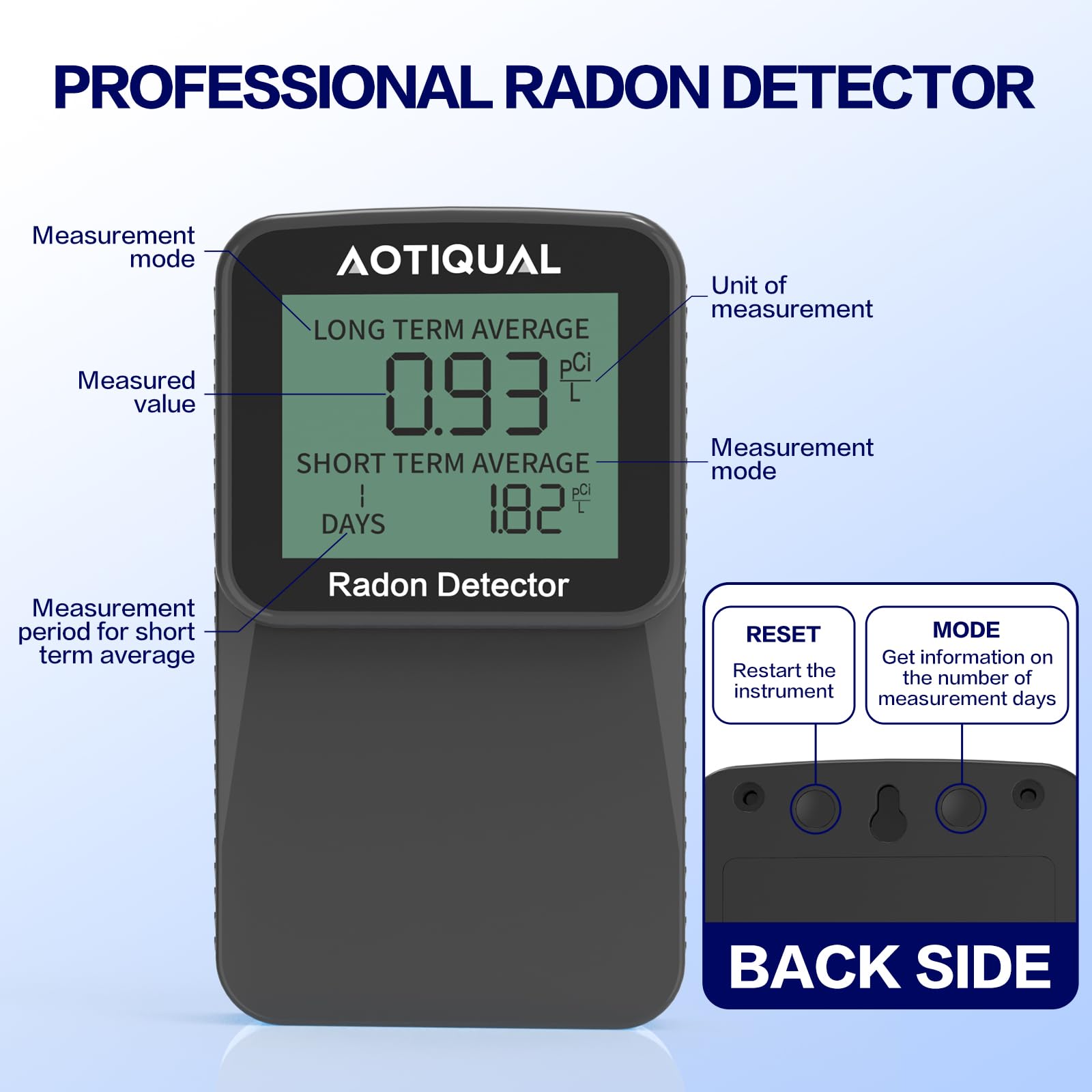 Détecteur de radon numérique avec écran LCD - Double batterie USB - Options d'alimentation : 3 ans - Durée de vie du capteur : 10 ans - Détection précise de la concentration pCiL pour la maison et le