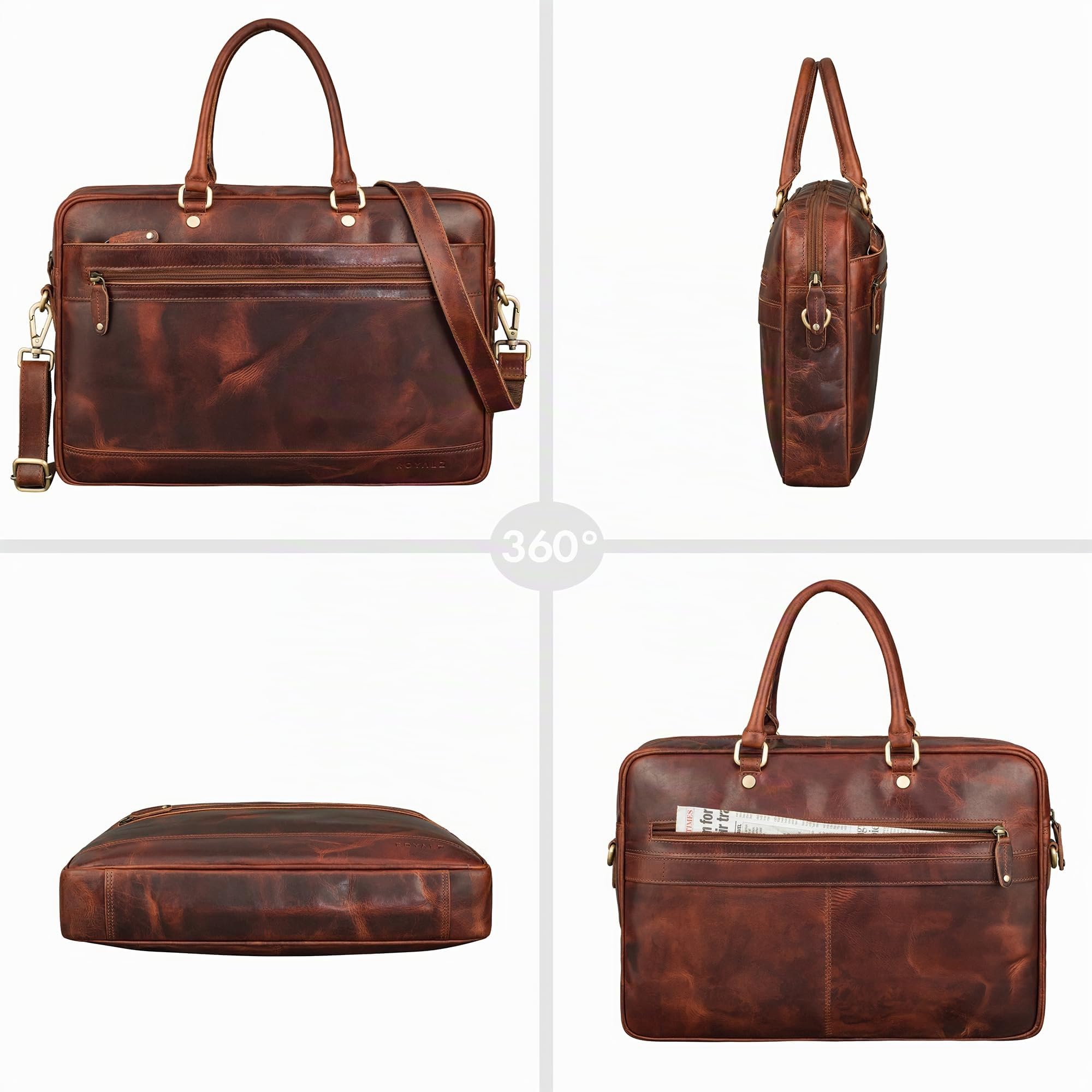 ROYALZ "Charleston” Cartella Ventiquattrore in vera pelle Uomo/Donna Grande - Borsa pc 15.6 pollici Piatta da utilizzare come borsa a mano o Borsa 24 Ore portadocumenti