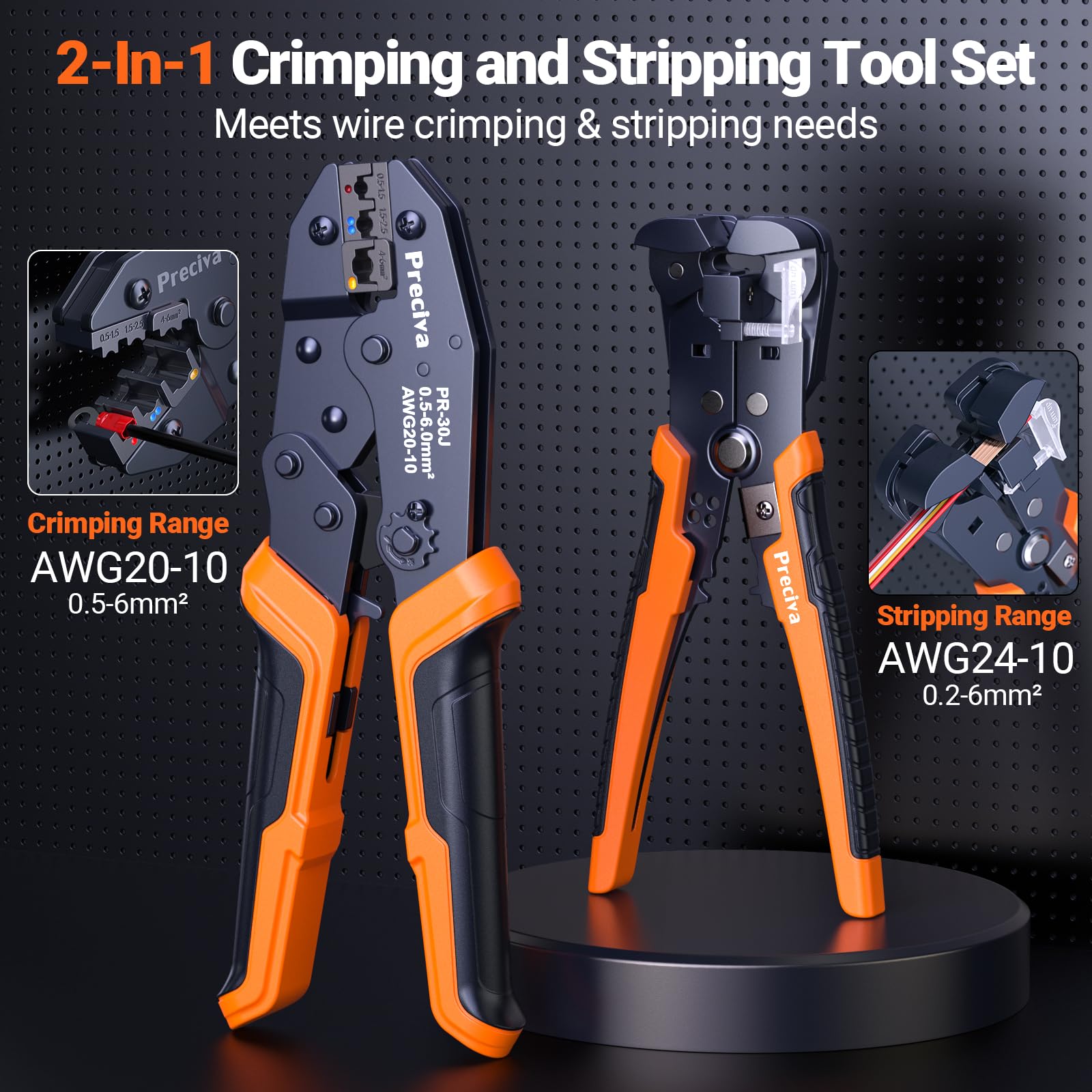 Preciva Crimpzange Set, mit 380 Stück Kabelschuhe und Abisolierzange, Ratschen Crimpzange für Kabelschuhe 0,5–6 mm² (AWG 20–10), für KFZ, Maschinenbau, Hausreparatur und Elektroinstallation