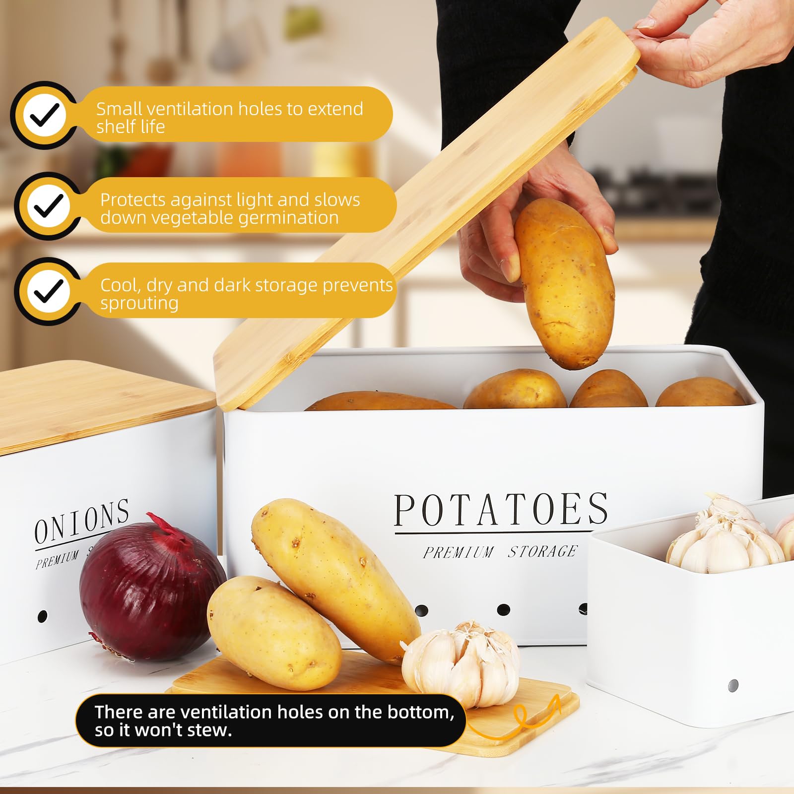 Caja Para Guardar Patatas - [Juego de 3] Tarros de Patatas Tarro de Cebolla Tarro de ajo - Almacenamiento Cocina con Tapa de bambú y Orificios de Ventilación - Blanco