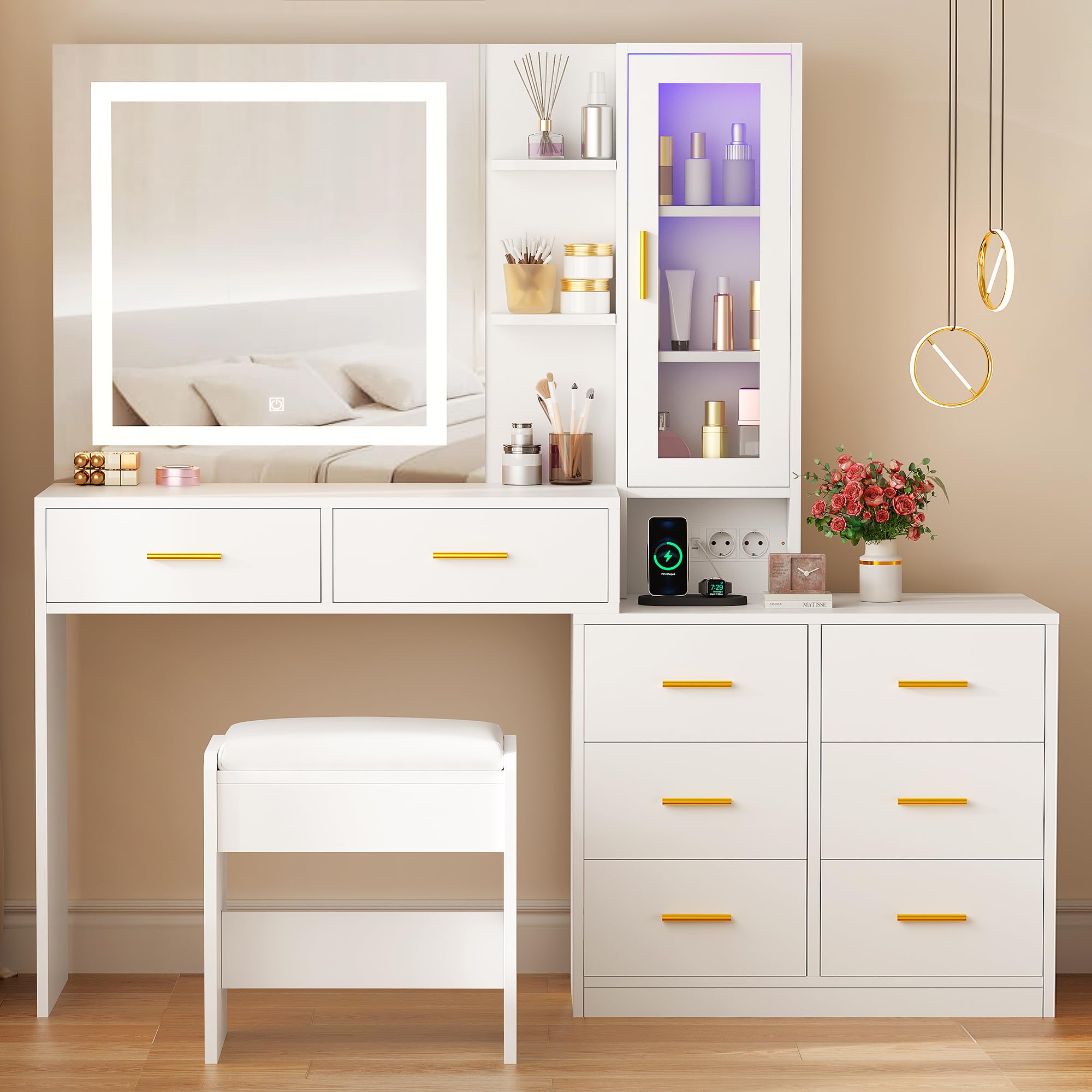 ANWBROAD Grande Coiffeuse avec Miroir et Tabouret 3 Couleurs Éclairage LED réglables et Prises 8 Tiroirs 3 Étagères Rangement Ouvertes RGB Coiffeuse Moderne Blanc 140x131x40cm BDT77W