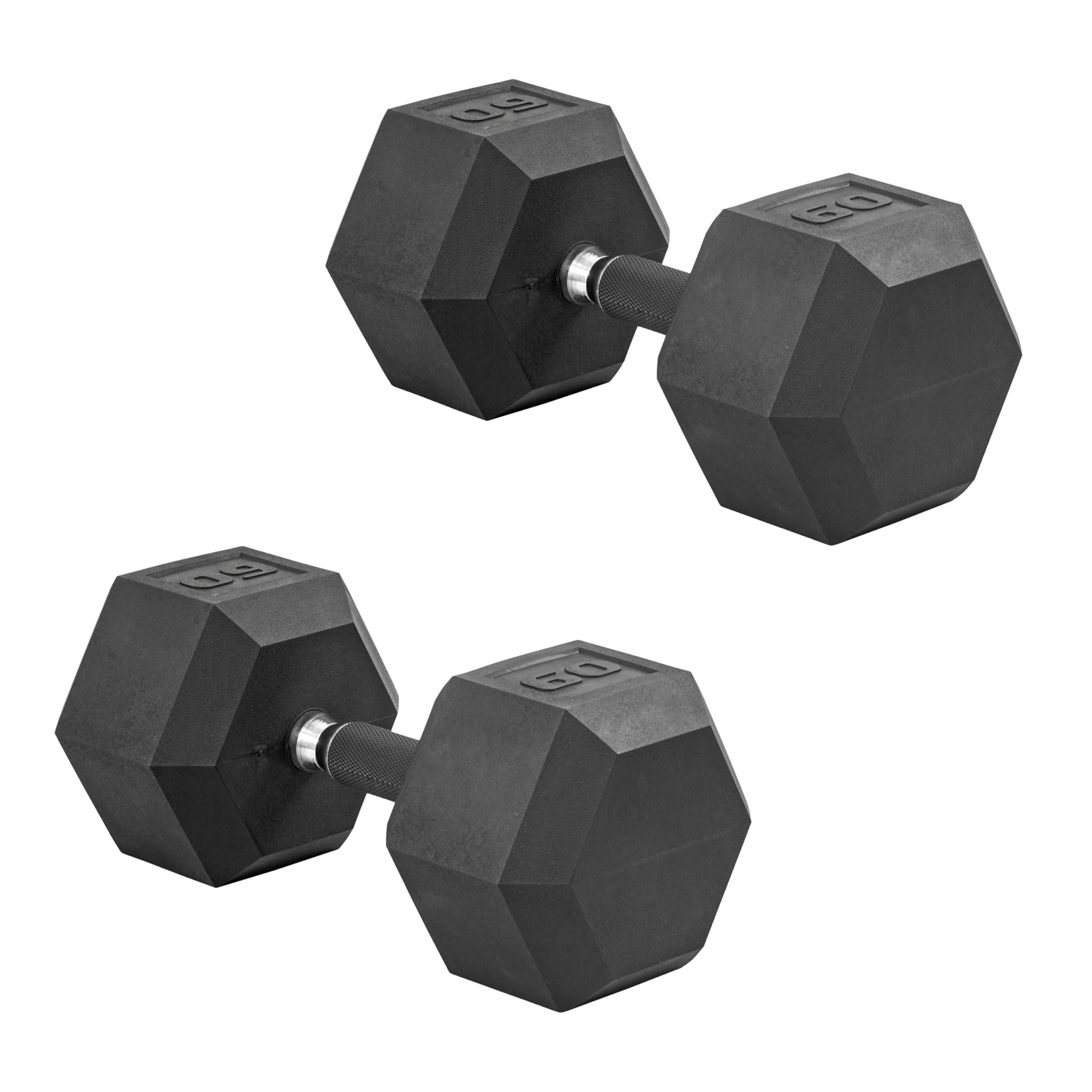 CAP Rubber Coated Dumbbell Weights, Free Weights for Home Gym Strength Training, Anti-Roll Hex Dumbbells with Black, Chrome &amp; Comfort Grip Handles, Pairs &amp; Sets