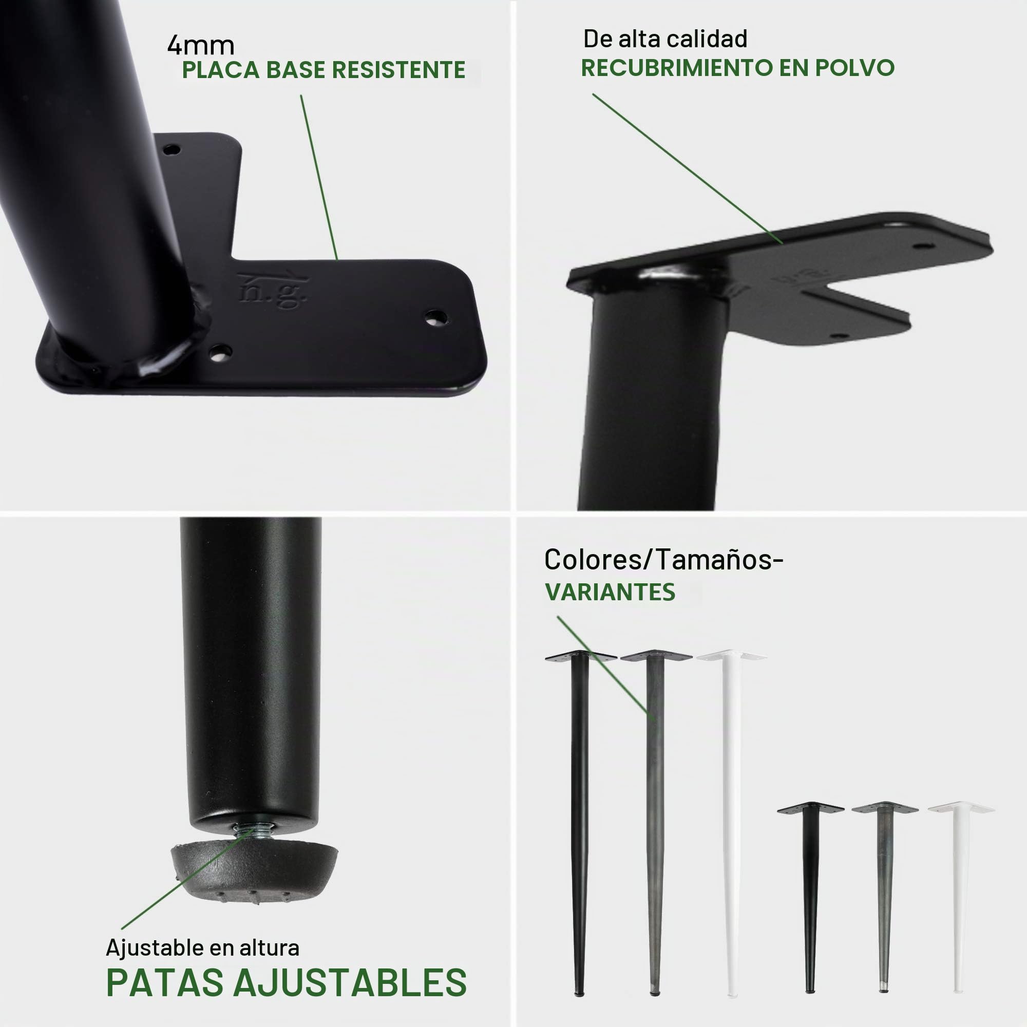 Natural Goods Berlin 4X CONICAL Legs, Patas de Muebles, con Recubrimiento en Polvo, protección del Suelo Regulable en Altura, Bricolaje (Negro, 72cm - Mesa de Comedor/Escritorio)