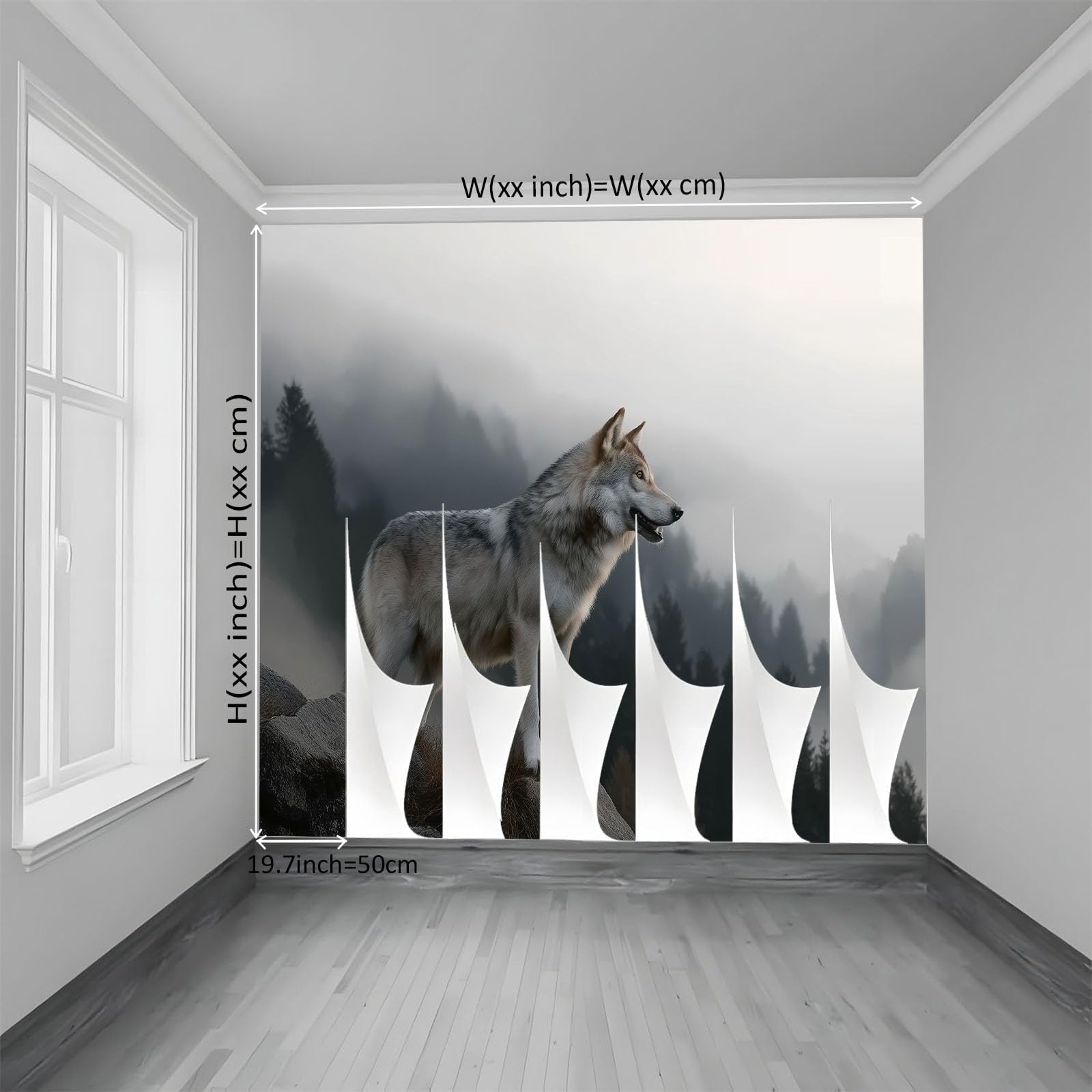 Fototapeta ze zwierzętami, wilkami, 500 x 280 cm, efekt 3D, obraz ścienny, tapeta ścienna, nowoczesna tapeta ścienna, do salonu, pokoju dziecięcego, sypialni, tło TV, dekoracja ścienna, szara