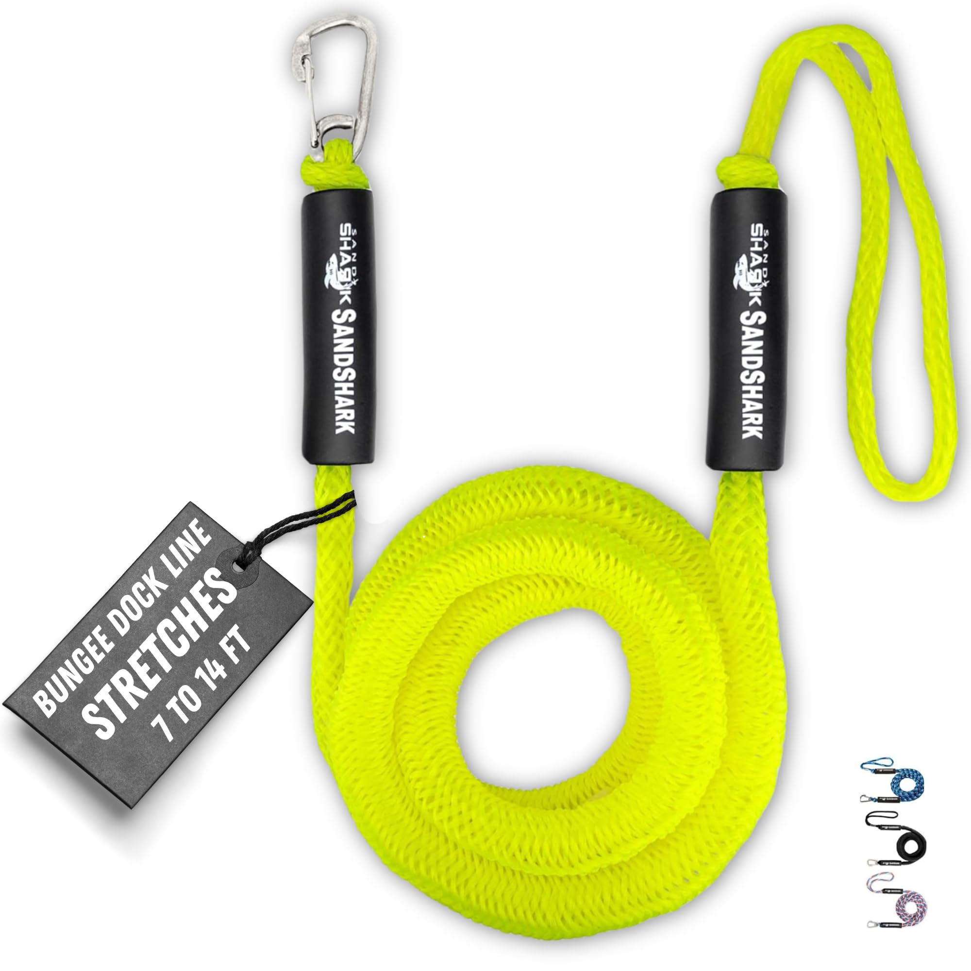 SAND SHARK SANDSHARKANCHOR.COM Stretches 7-14ft Premium Anchor Bungee Dock Line. Absorbs Shock to Anchors Docks w/Stainless Steel Clip. Designed for S Anchors, 7-14 Neon Green (BUN-DOC-714-GREEN)
