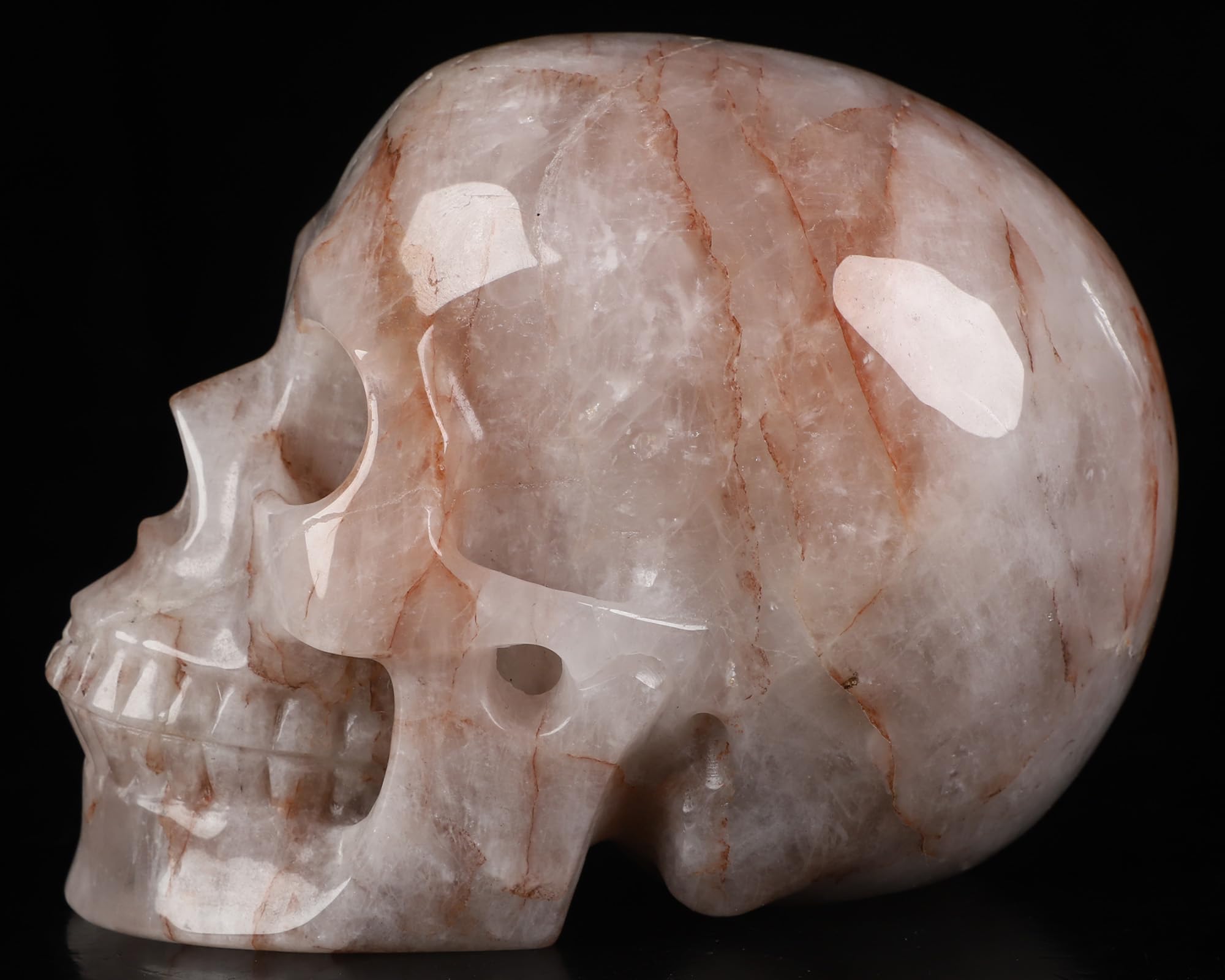Skullis 12,7 cm Feuerquarz-Kristall-Schädel, handgeschnitzter Edelstein, Kunst-Skulptur, Reiki-Heilsteinstatue.