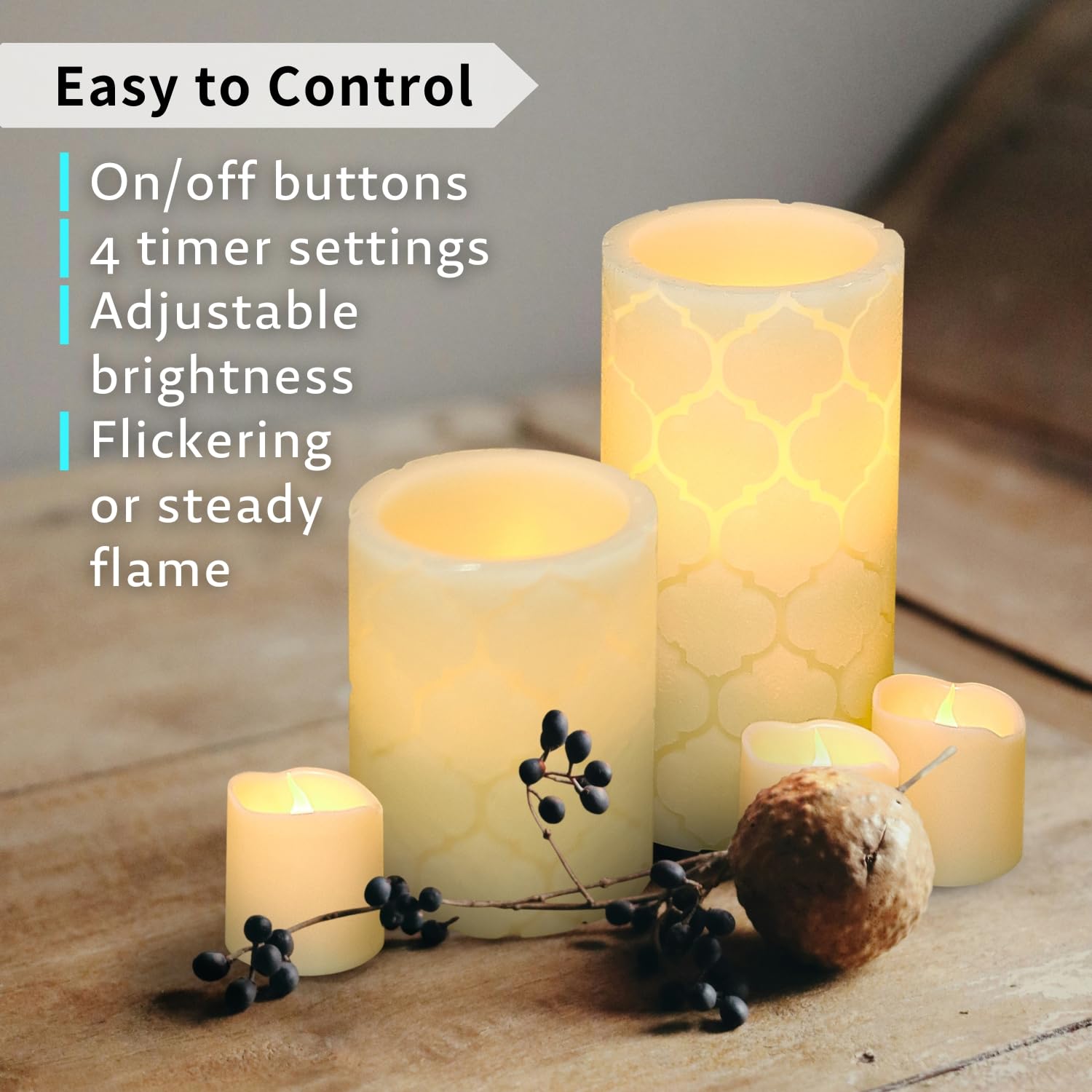 Furora Lighting - Set di 8 candele a LED senza fiamma, con telecomando, in vera cera a pilastri e candele a LED votive con fiamma tremolante e timer classico Collezione Nordic Avorio