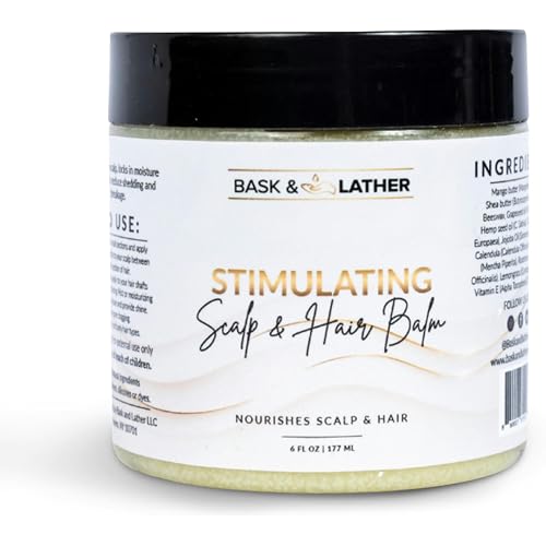 Bask & Lather Stimulating Scalp and Hair Balm for Hair Growth, Mango & Shea Butter, Nourishing Jojoba Oil, Peppermint & Rosemary Oil, Vitamin E, Scalp Care, Hair Care, Moisture, Shine & Strength, 6 oz