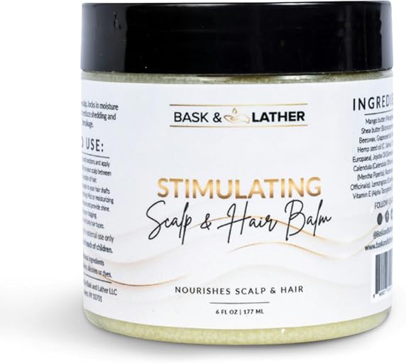 Bask & Lather Stimulating Scalp and Hair Balm for Hair Growth, Mango & Shea Butter, Nourishing Jojoba Oil, Peppermint & Rosemary Oil, Vitamin E, Scalp Care, Hair Care, Moisture, Shine & Strength, 6 oz
