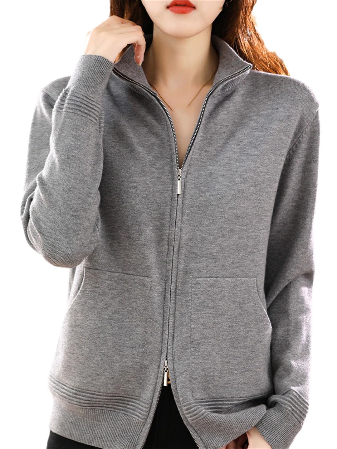 Ownwfeat Suéter De Lana para Mujer, Cárdigan con Doble Cremallera, Tops De Punto Informales A La Moda