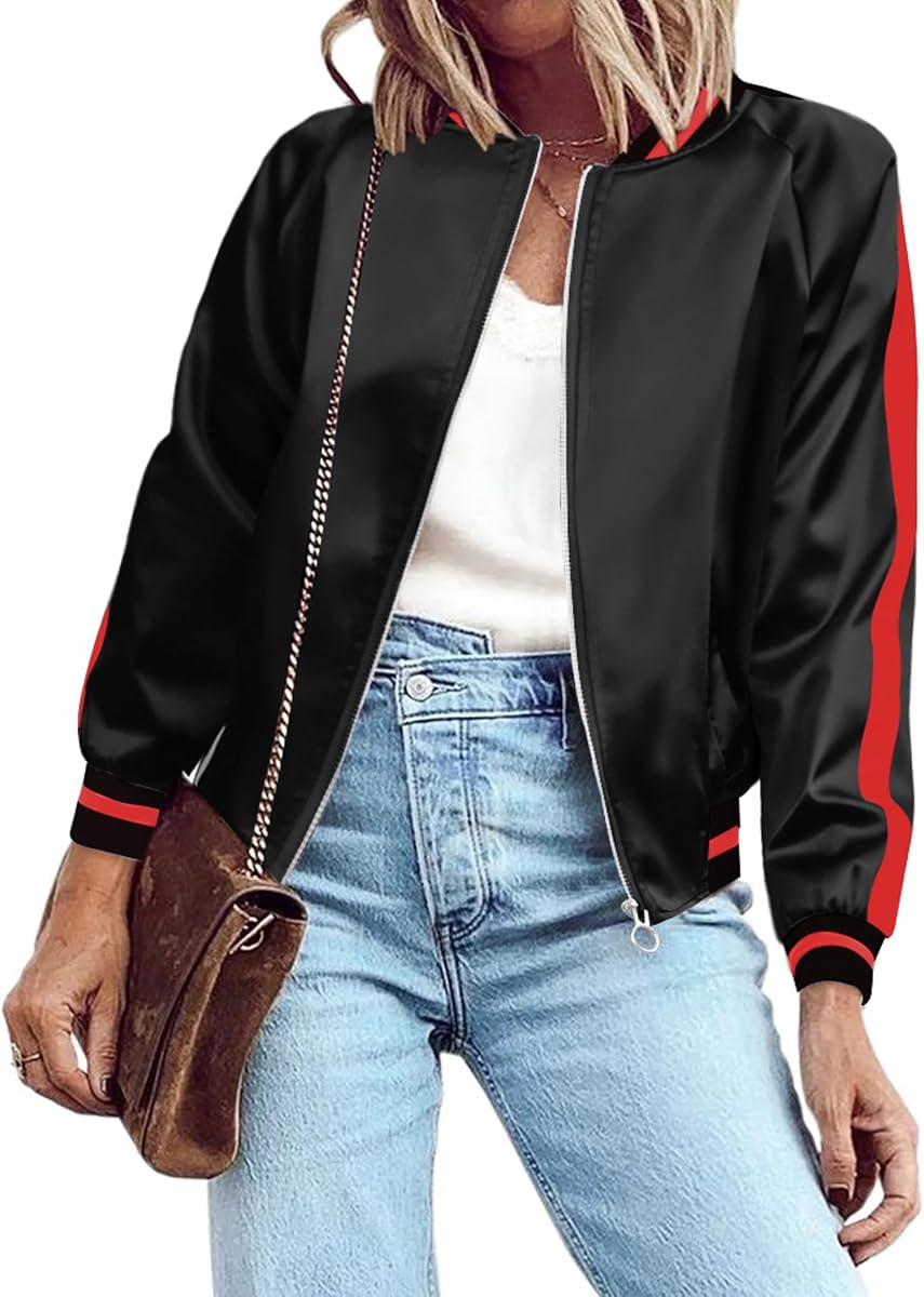 Women's Bomber Jacket Lightweight Zip Up Jacket Casual Striped Jacket Coat Outerwear Windbreaker with Pockets