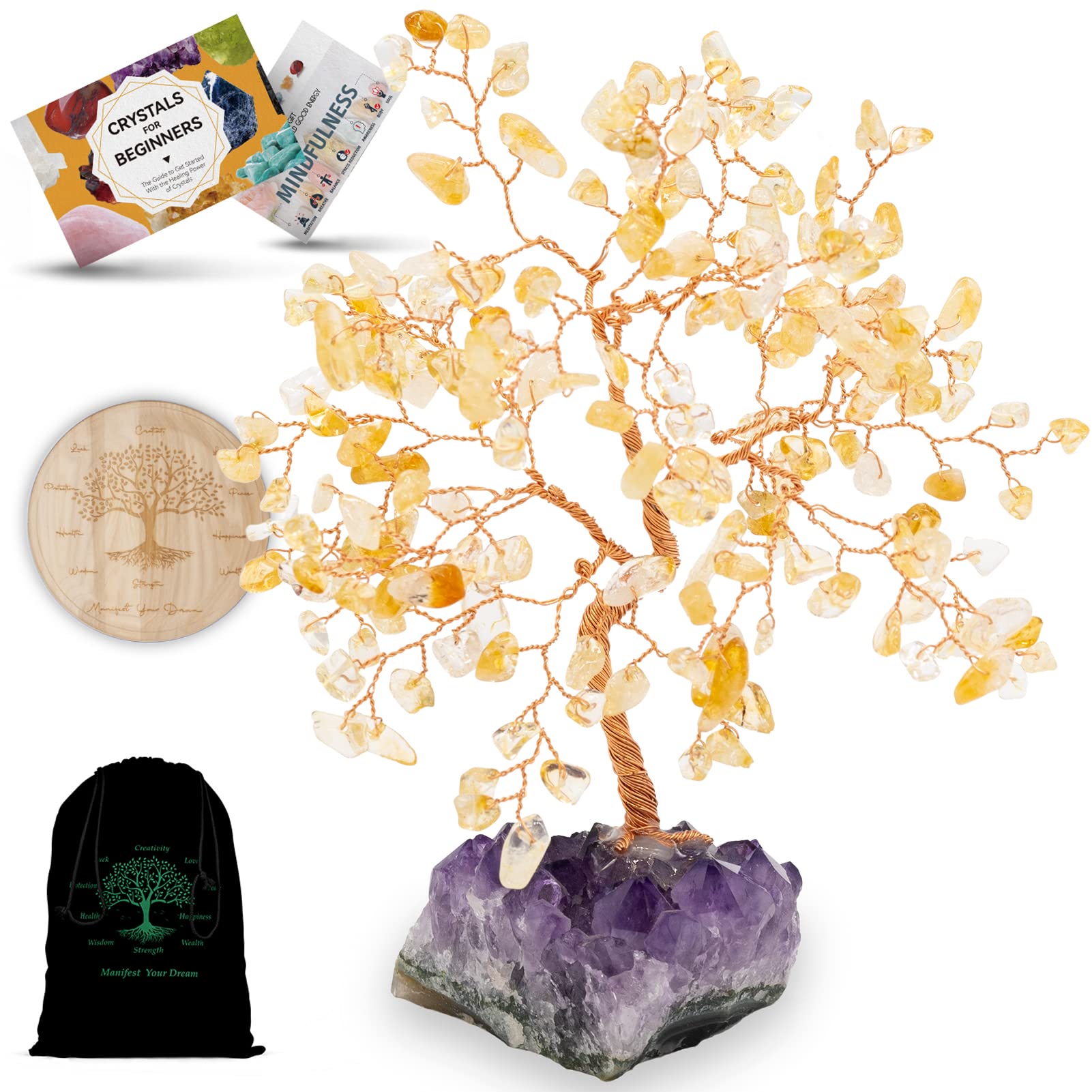 GEMBOURY Handmade Natural Citrine Crystal Tree (189 Gemstone Count), Amethyst Rock Cluster Base, Bonsai Feng Shui Crystal Stone Tree Ornament for Wealth and Luck