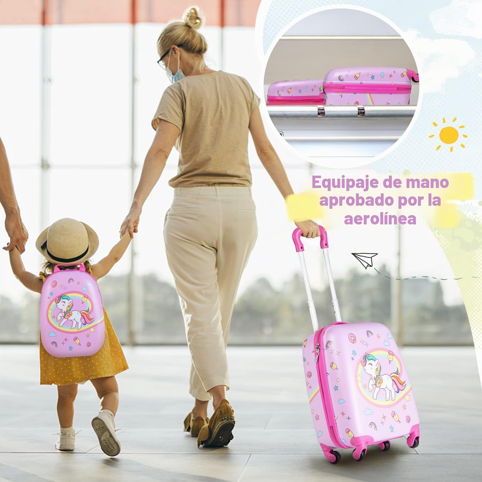 GOPLUS Maleta Infantil, Equipaje de Viaje con Mochila, Equipaje Infantil, Juego de Mochila y Maleta, Gran Capacidad y Ruedas, 16 '' Maleta + 12 '' Mochila