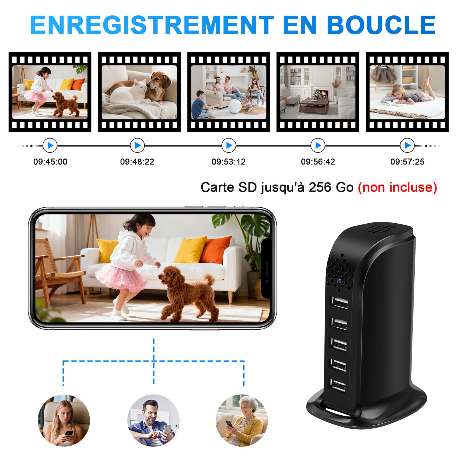 Caméra Espion WiFi 2.4 & 5G, Chargeur USB à 5 Ports avec Mini Caméra Espion Cachée, HD 1080P Micro Camera Cachée WiFi Supportant la Détection de Mouvement et l'enregistrement en Boucle