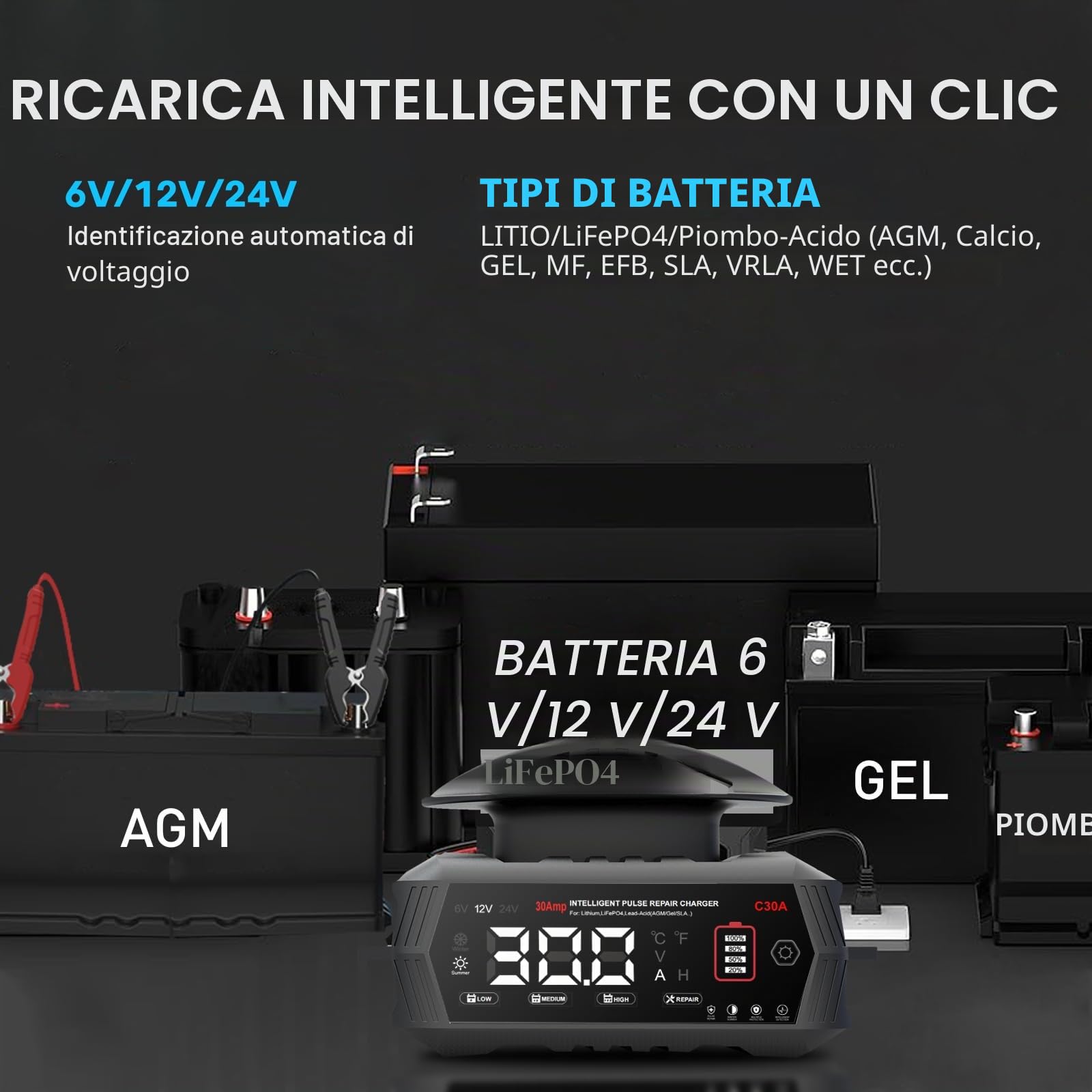 Caricabatterie per auto da 30 A, Haisito 6 V/12 V/24 V, caricabatterie e supporto per AGM, Gel, SLA, EFB e LiFePO4, caricabatterie automatico a 9 livelli con display LCD per auto, moto