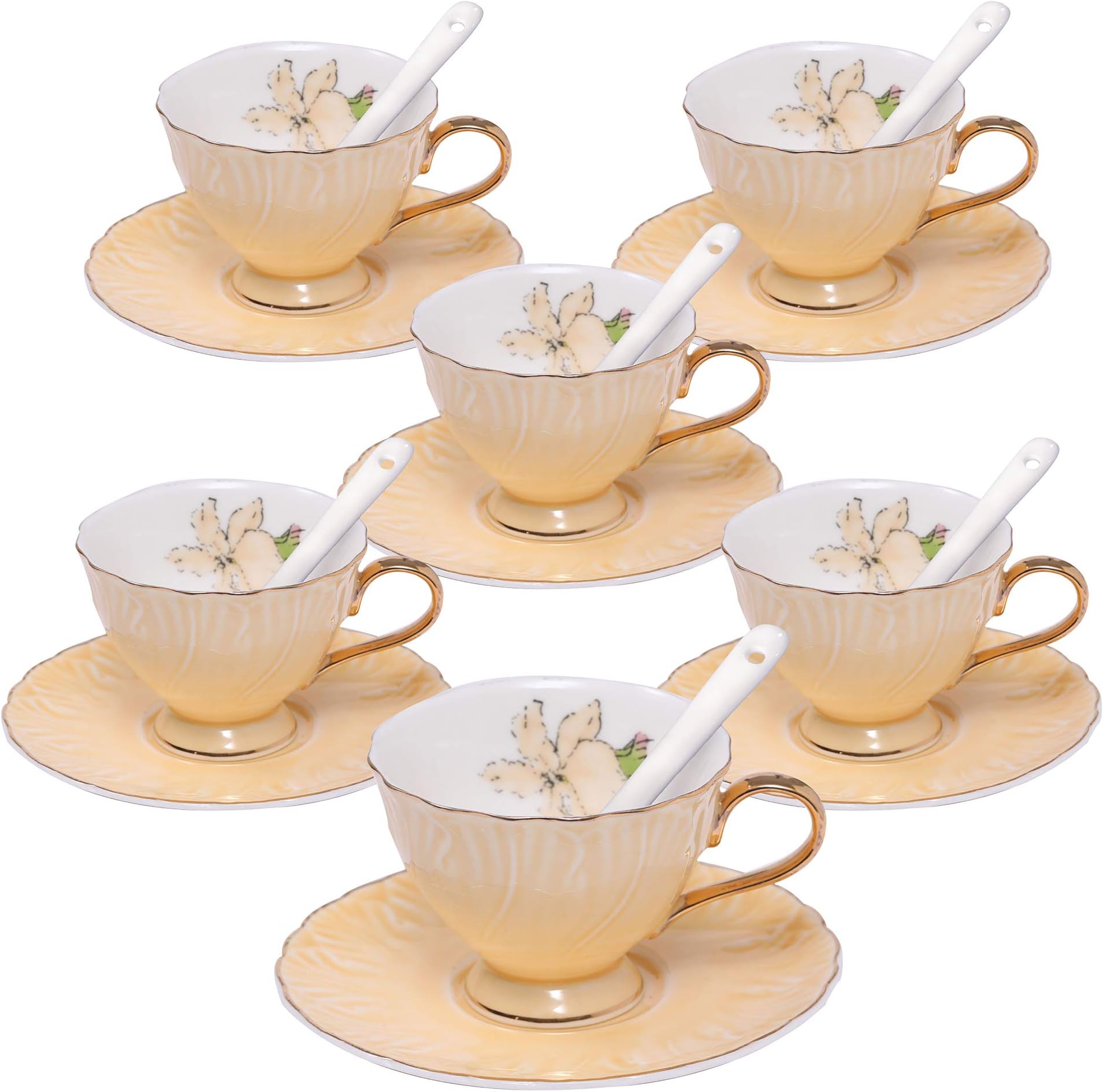 ufengke 4oz Espresso Cup and Saucer, Small Capacity Porcelain Coffee Tea Sets, Set of 6 Ceramic Coffee Cup Set - Dark Yellow