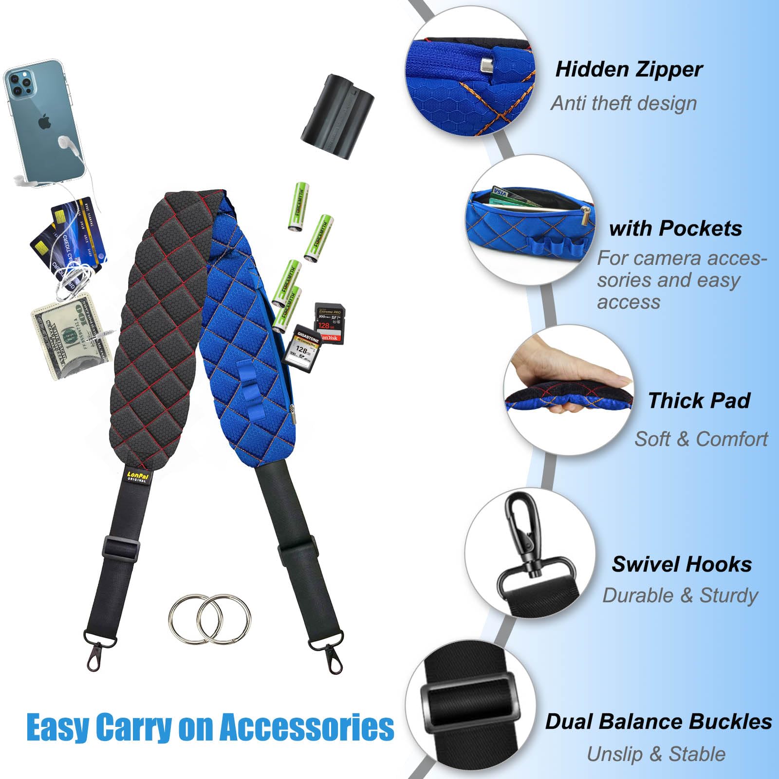 LONPAI Ultra Comfortable Camera Neck Strap with Accessories Pockets and Thick Pad for Photographers Shoulder Sling Belt for DSLR, 2-Tone Reversible Use & Metal Swivel Hooks, Black/Blue