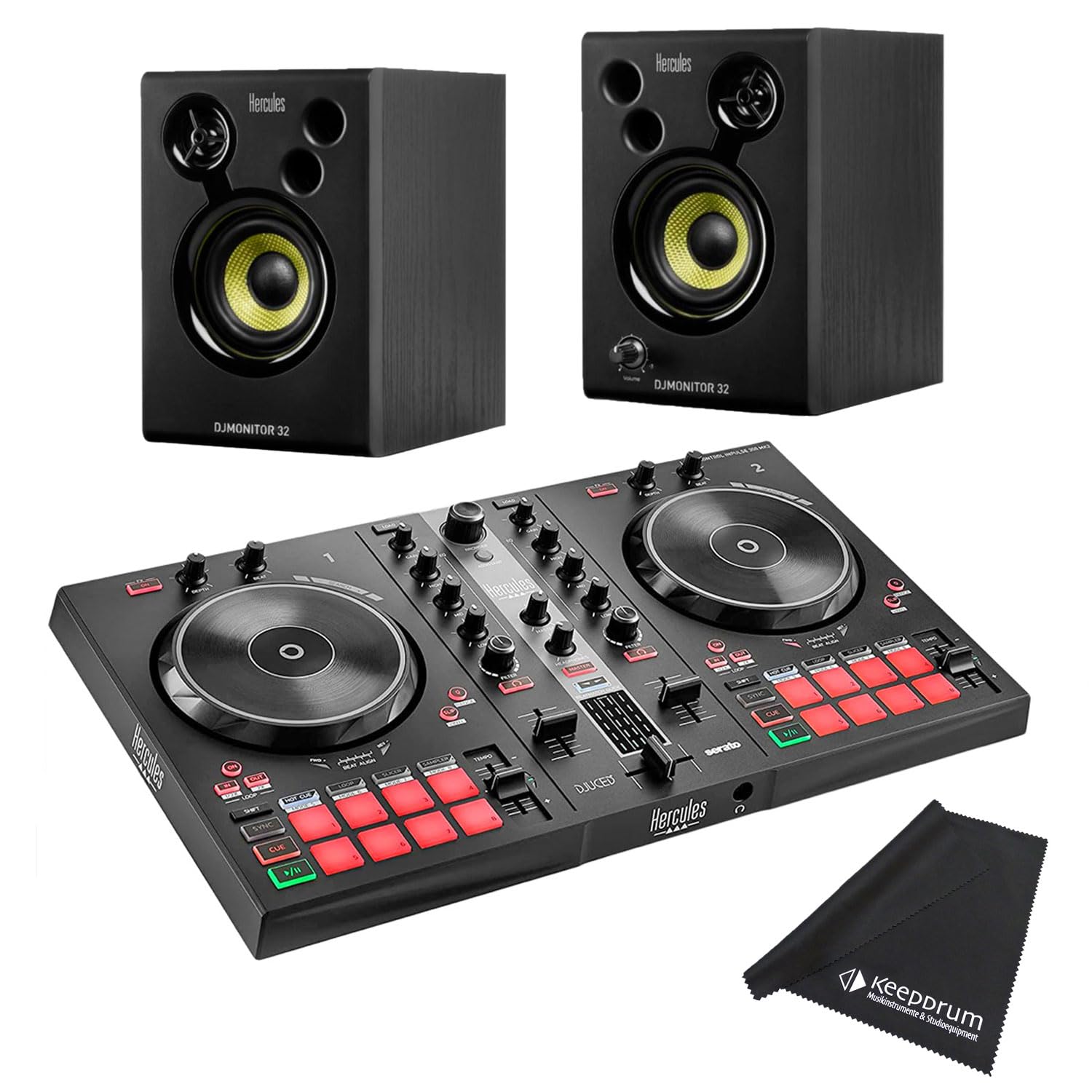Hercules DJ Control Inpulse 300 MK2 kontroler DJ + monitor DJ 32 pudełka + ściereczka z mikrofibry Keepdrum