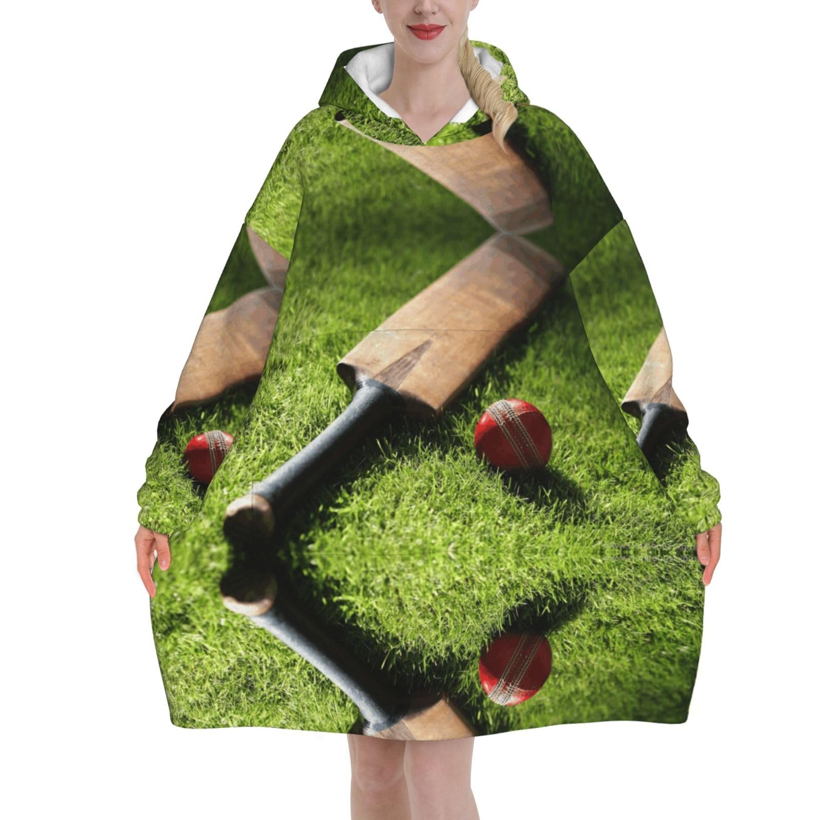 Cricket Bat And Ball,Women's Oversized Wearable Blanket Hoodie, Blanket Sweatshirt,Flannel Pullover Blanket