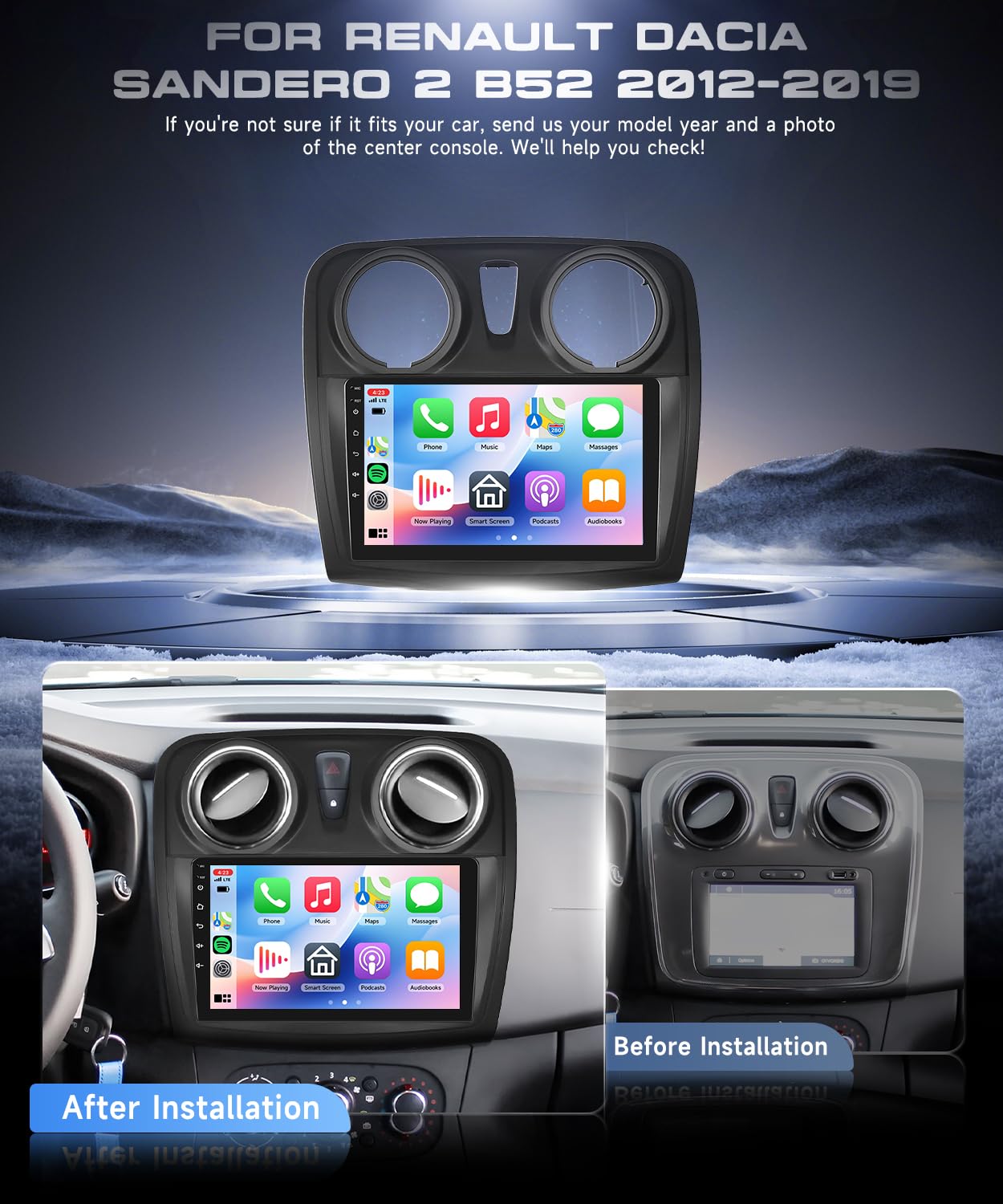 VECHTEL Autoradio 2G+64G Android 15 per Renault Dacia Sandero 2 B52 2012-2019, 9'' IPS 1280*720P Schermo Tactile co 5G Wi-Fi GPS Carplay Android Auto senza Fili USB Bluetooth 5.0 EQ FM RDS Retrocamera