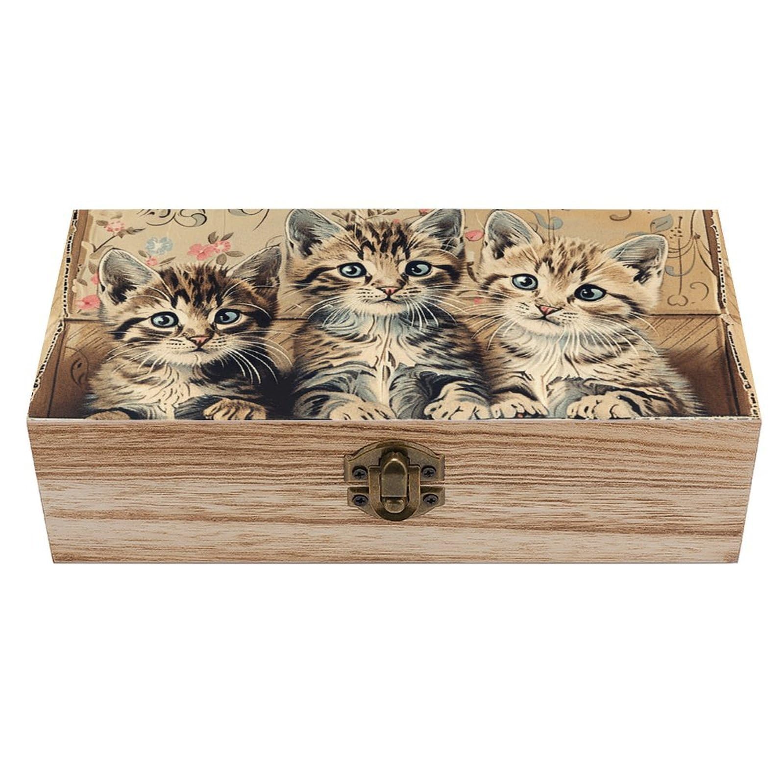 KLOPH Wooden Storage Box Cat in Box Wood Gift Box with Hinged Lid Vintage Decorative Jewelry Boxes Memory Box for Jewelry Art Hobbies Home Storage Treasure Keepsake Gift 7.9''x3.9''x2.3''