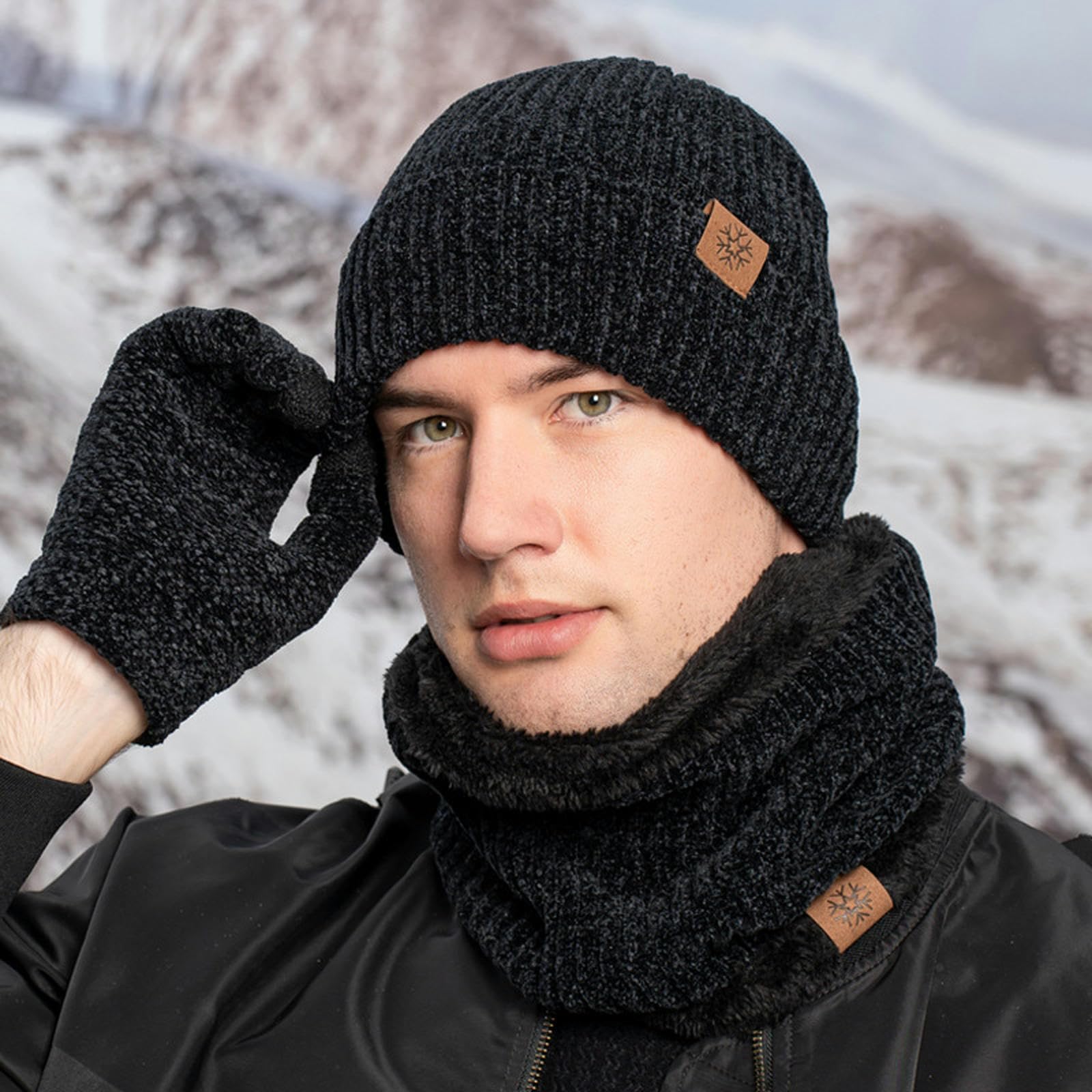 Czapka zimowa ciepła czapka, szalik, rękawiczki, ekran dotykowy szenil, outdoorowy wiatroszczelny i aksamitny szalik trzyczęściowy zestaw-czarny + szary trzy zestawy