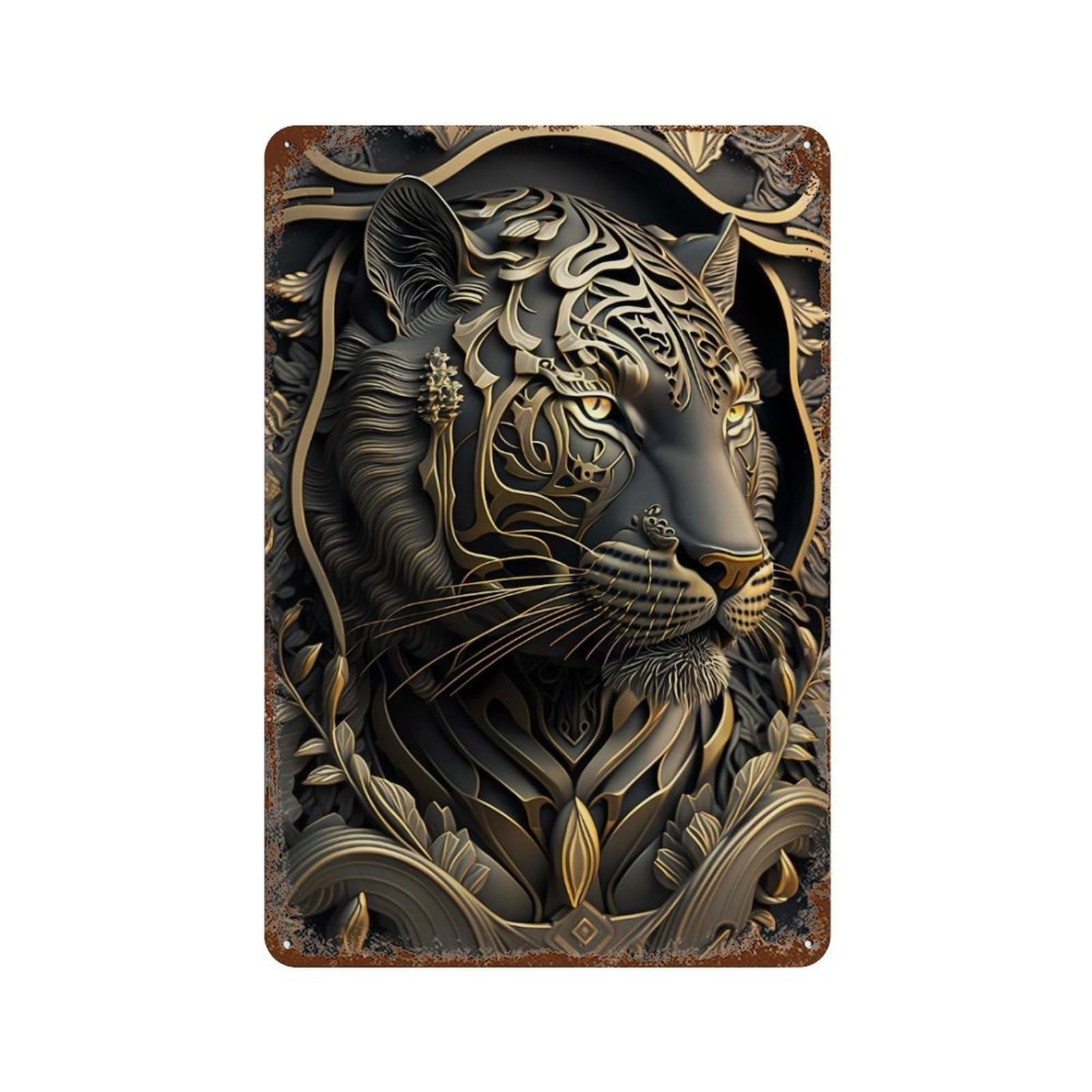 Rust Effect Tiger King Art Deco Rustic Tin Plaque 11.8"x7.9", Classic Wall Plaque for Shed, Workshop And Garage Wall Decor