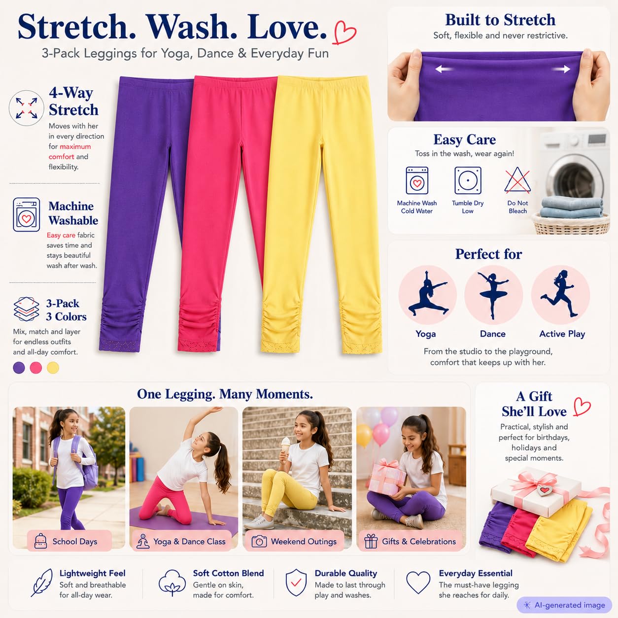 Bienzoe Dziewczęta Szkoła Yoga Legginsy: Dzieci Bawełna Stretch Taniec Rajstopy 3Szt Pack