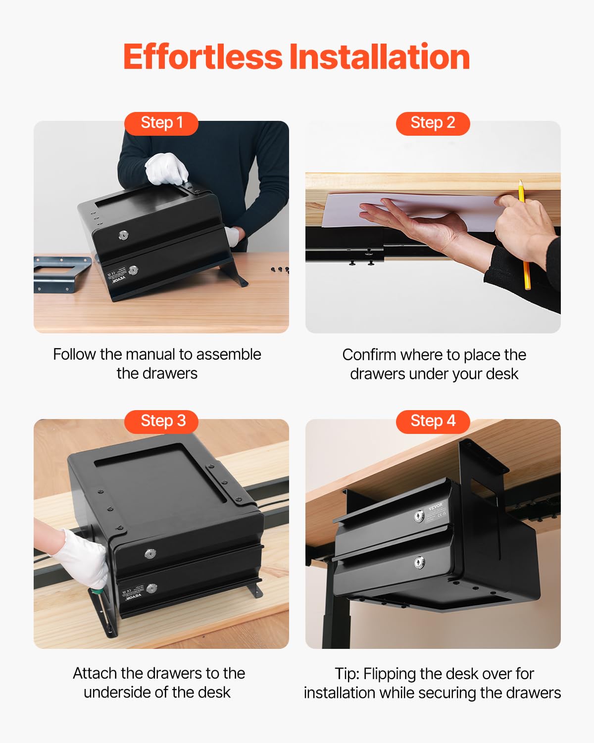 VEVOR Cajones Deslizables Debajo del Escritorio con Cerradura 2 Capas Cajón Extraíble Montado Debajo de Mesa Organizador de Almacenamiento Oculto de Escritorio con Cerradura, 365 x 335 x 250 mm