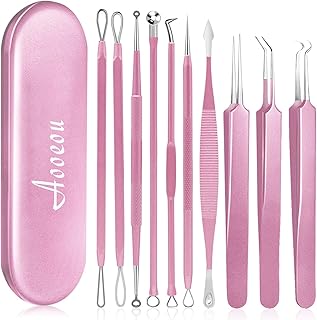 Blackhead Remover Tool, Aooeou 10Pcs Professional Pimple Popper Tool Kit - Easy Removal for Whitehead Popping, Zit Removing for Risk Free Nose Face, Anti-Slip Coating Handle(Pink)