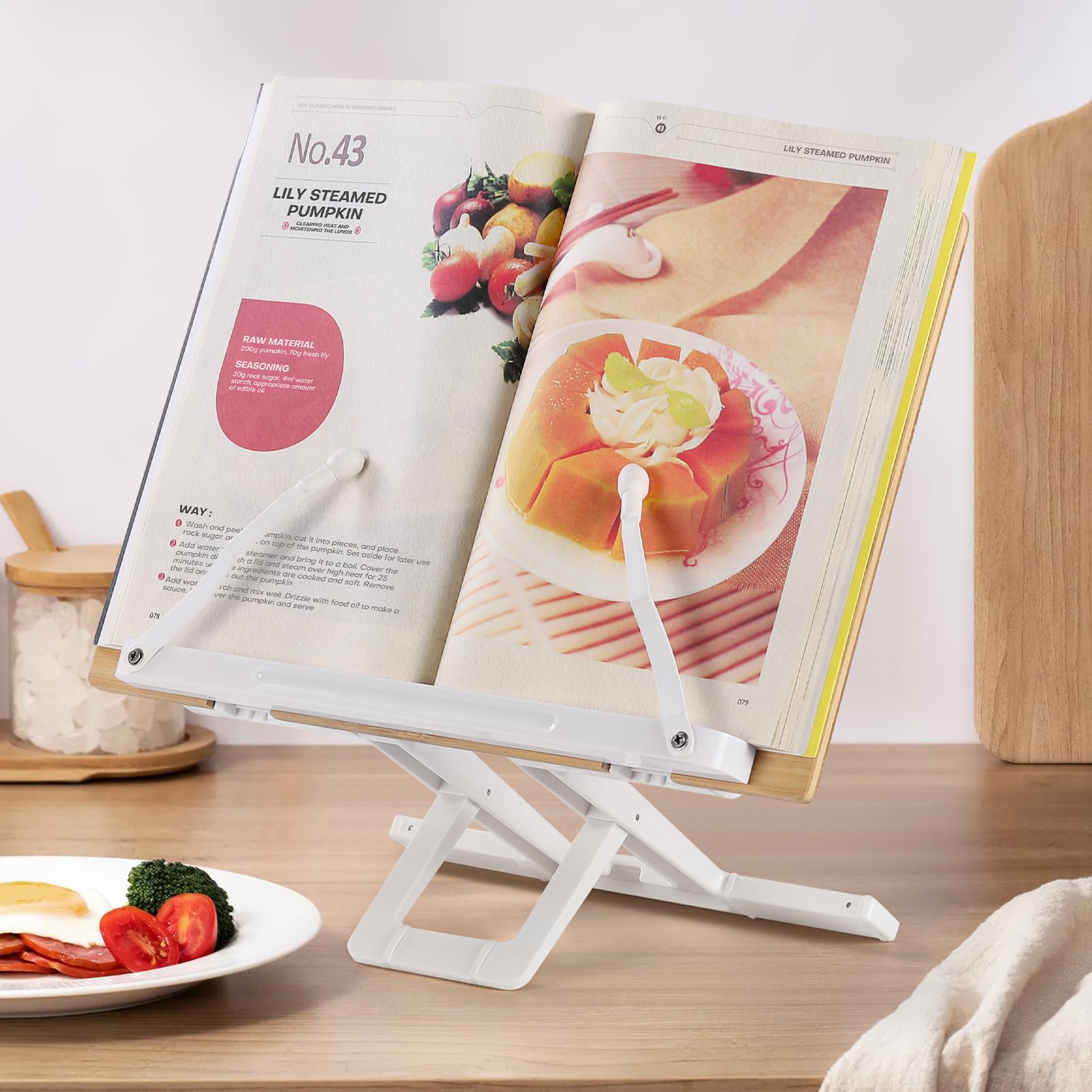Soporte para libros de lectura, soporte plegable para libros de cocina, bandeja ajustable y clips de papel de página con clips elásticos para recetas, partituras de música, laptop, tableta