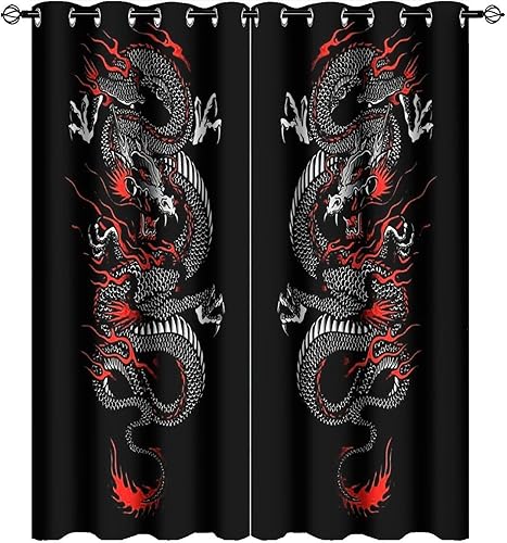 fucyBu Cortinas opacas para oscurecer la habitación con ojales, diseño de dragón chino, fantasía, retro, negro, rojo, dragón japonés, eficiencia