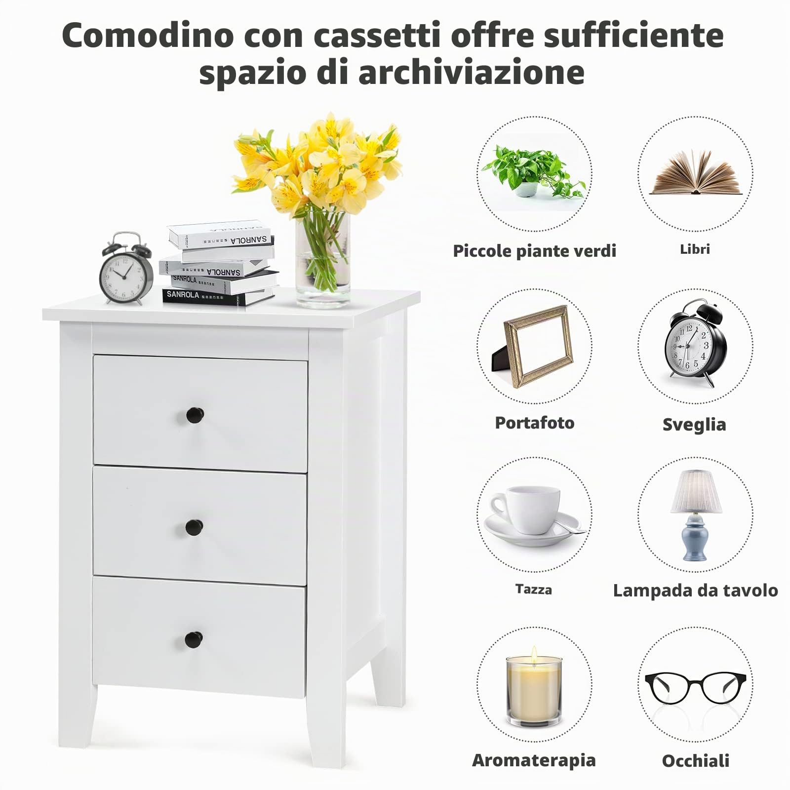 KOMFOTTEU Comodino a 3 Cassetti, Comò Cassettiera Salvaspazio e Moderno in Legno, Mobile con Cassetti per Camera da Letto, Soggiorno, Cucina, Corridoio, 46 x 37 x 65 cm (Bianco x 2)