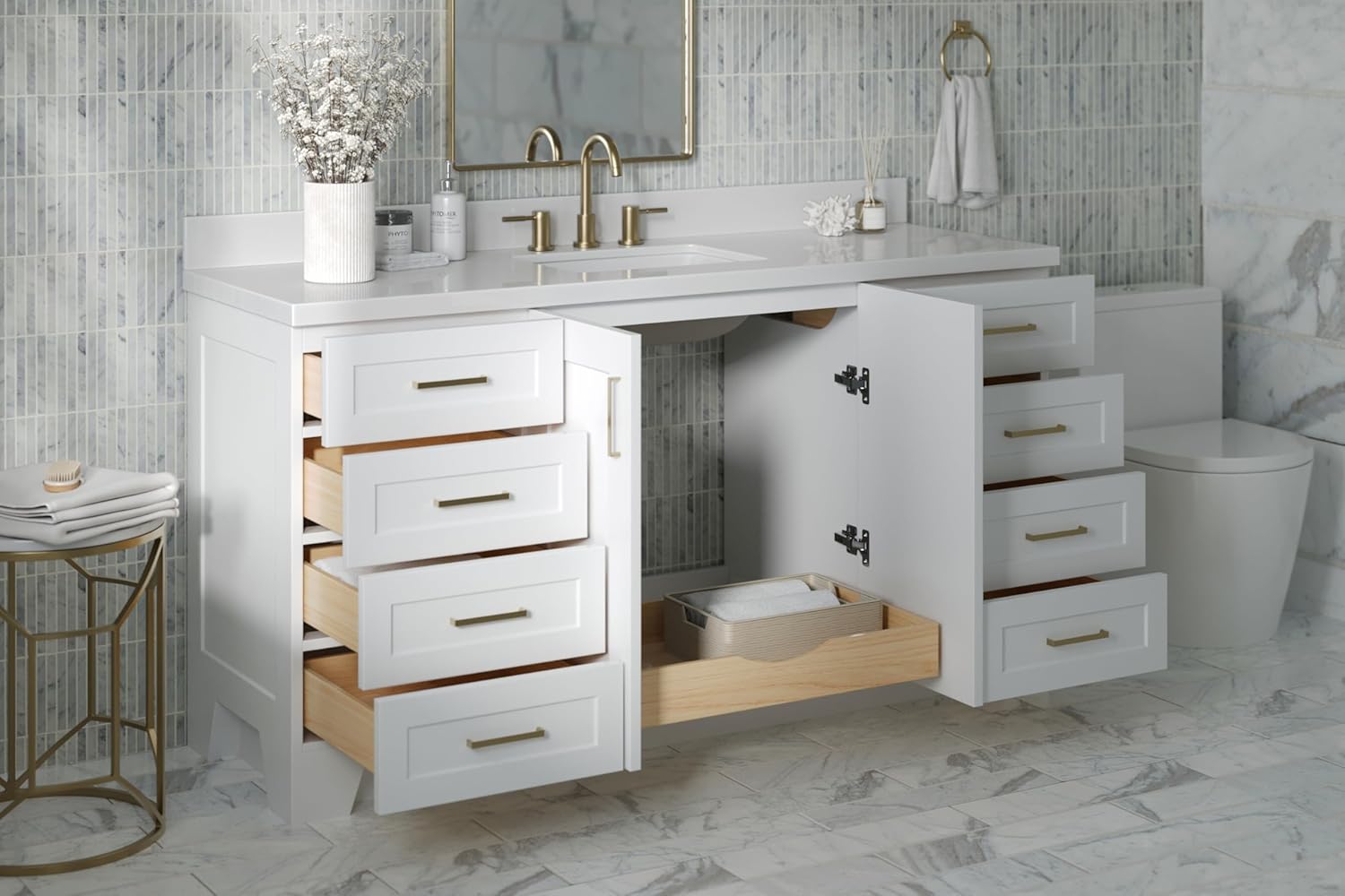 ARIEL Taylor 66-inch Bathroom Vanity with Sink,Solid Wood, 1.5-inch Pure White Quartz Countertop & Backsplash, Single Oval Porcelain Sink, 2 Soft Closing Doors, 9 Dovetail Drawers, Satin Brass, White