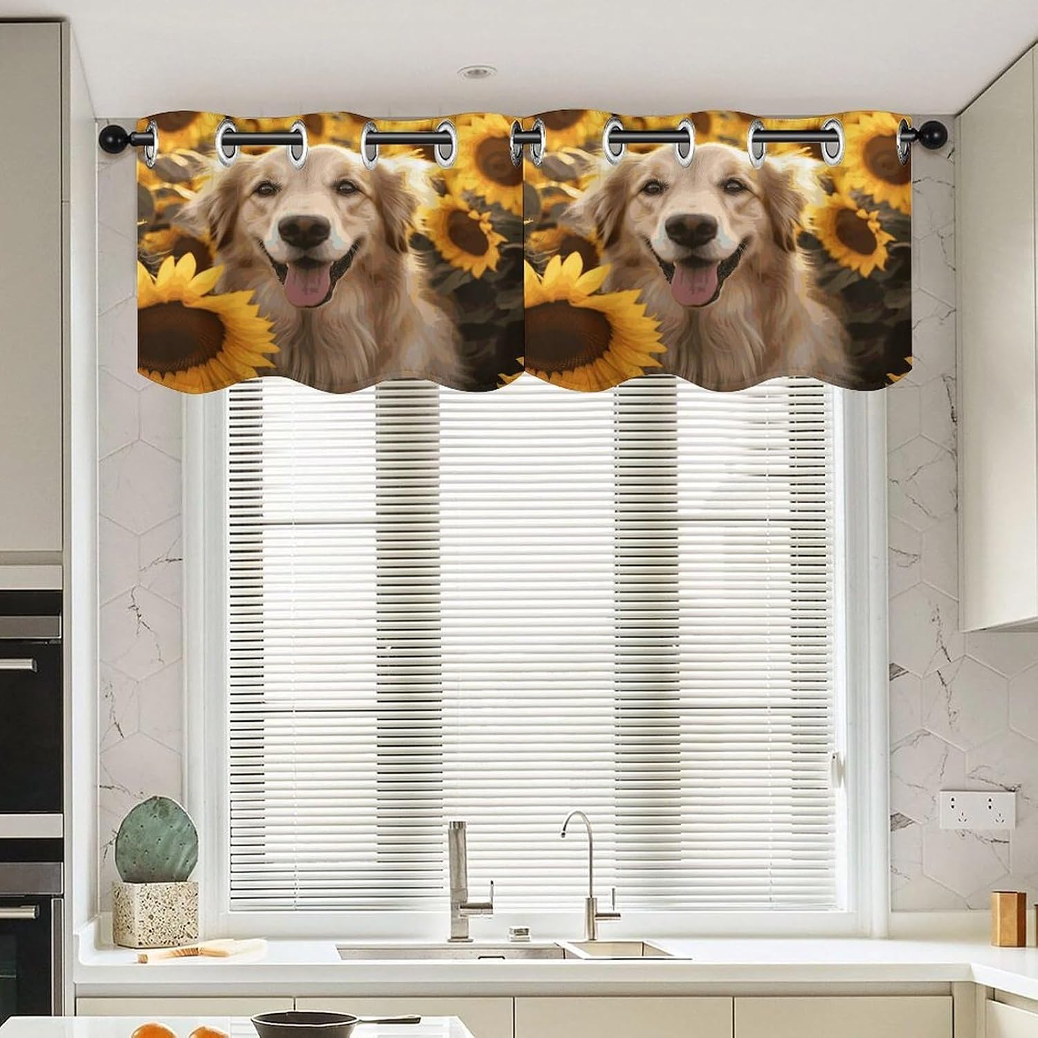 Dog and Sunflower Curtain 2 Panels, Polyester Fiber, Blackout Insulated Window Curtain, Curtain Valance for Kitchen Dining Room Living Room Cafe Small Window 52 * 18.1 Inches