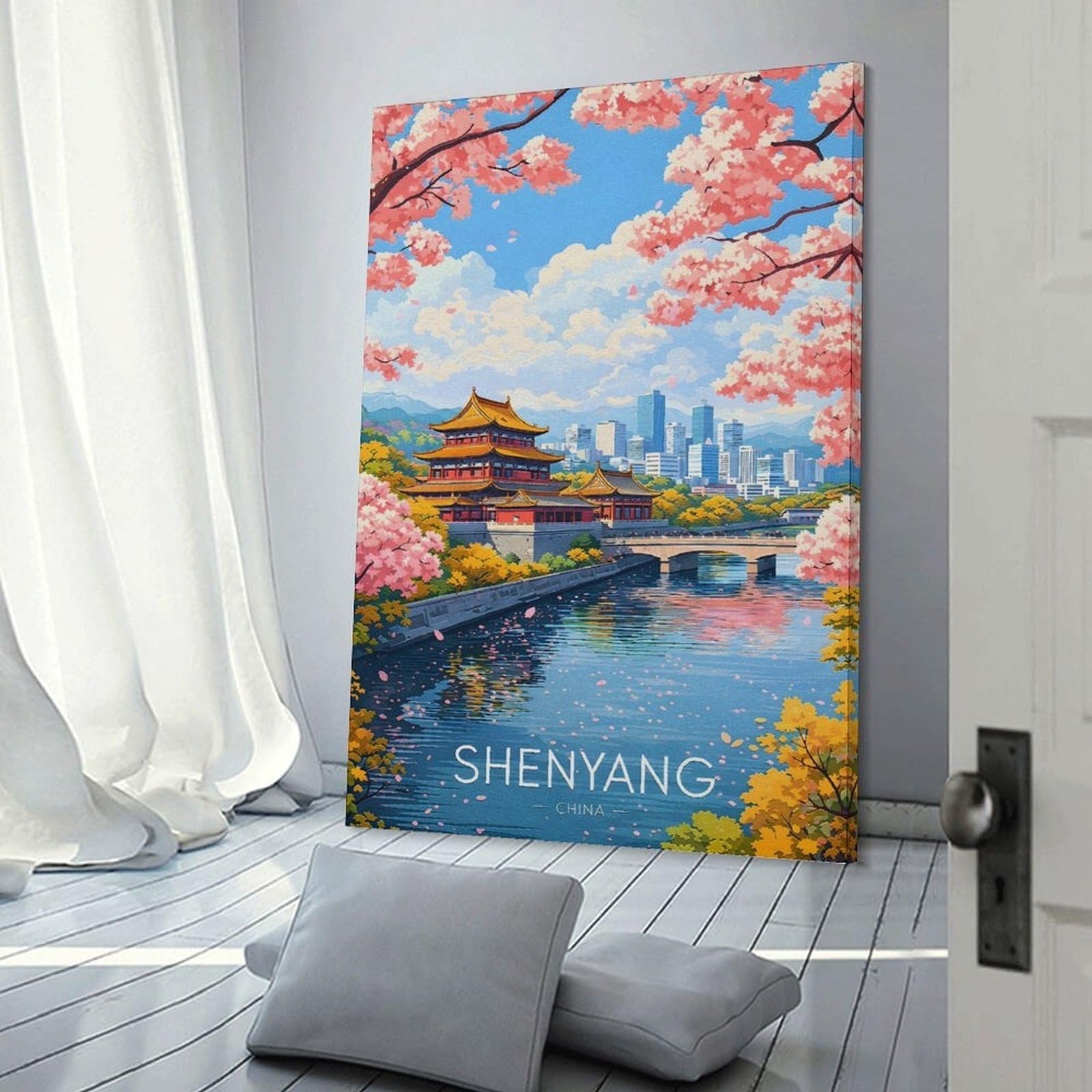 Junmoney Frame-Style-12-1 Shenyang Cityscape With Cherry Blossoms Canvas Wall Picture, 20X30inch(50X75cm), For Study, Office Or Focused Interiors, Home Office Artwork With Decorative Appeal