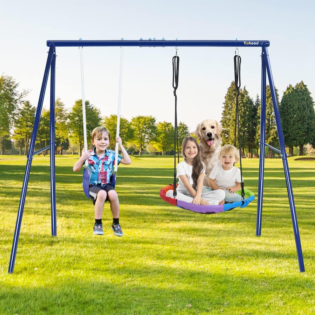 Swing Sets for Backyard Yohood 440lbs Waterproof Antirust Metal Swing Set with Heavy Duty A Frame Swing Stand Swingset Outdoor Indoor for Older Kids Toddlers(Blue) : Toys & Games