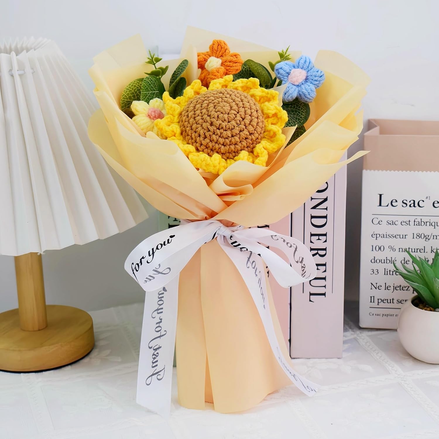 Crochet Flowers Bouquet,Handmade Knitted Eternal Warm Flowers Bouquet,Crochet Artificial Flowers of Sunflowers Puff Flowers for Mother's Day Birthday Graduation Day Teachers Day (Cream) - Image 4