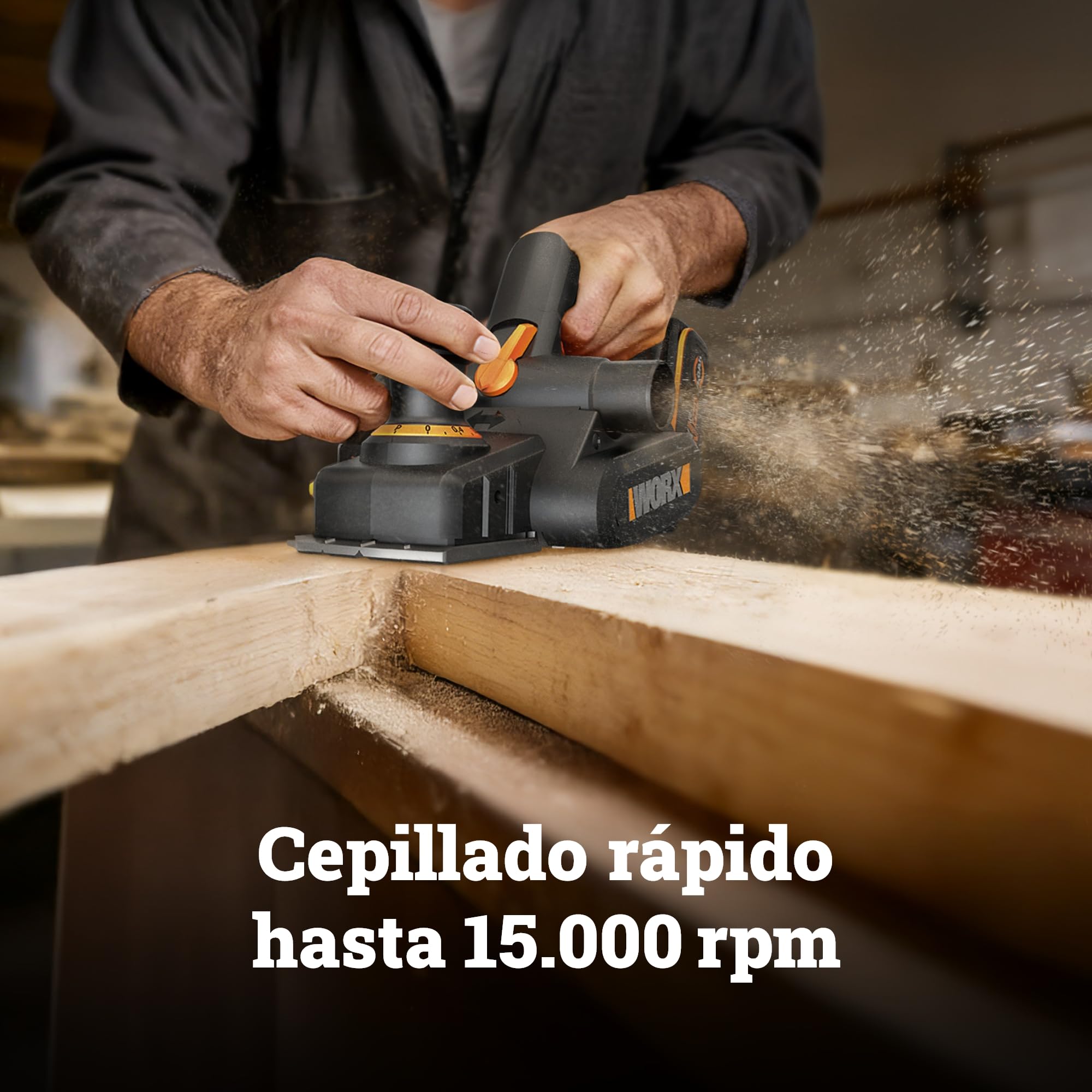 WORX WX620.9 Cepillo Eléctrico Brushless 20V 82mm, sin Batería | Profundidad 2mm, rebaje 8mm, 15.000 rpm, placa aluminio, ranuras V bisel, expulsión virutas ambos lados, PowerShare