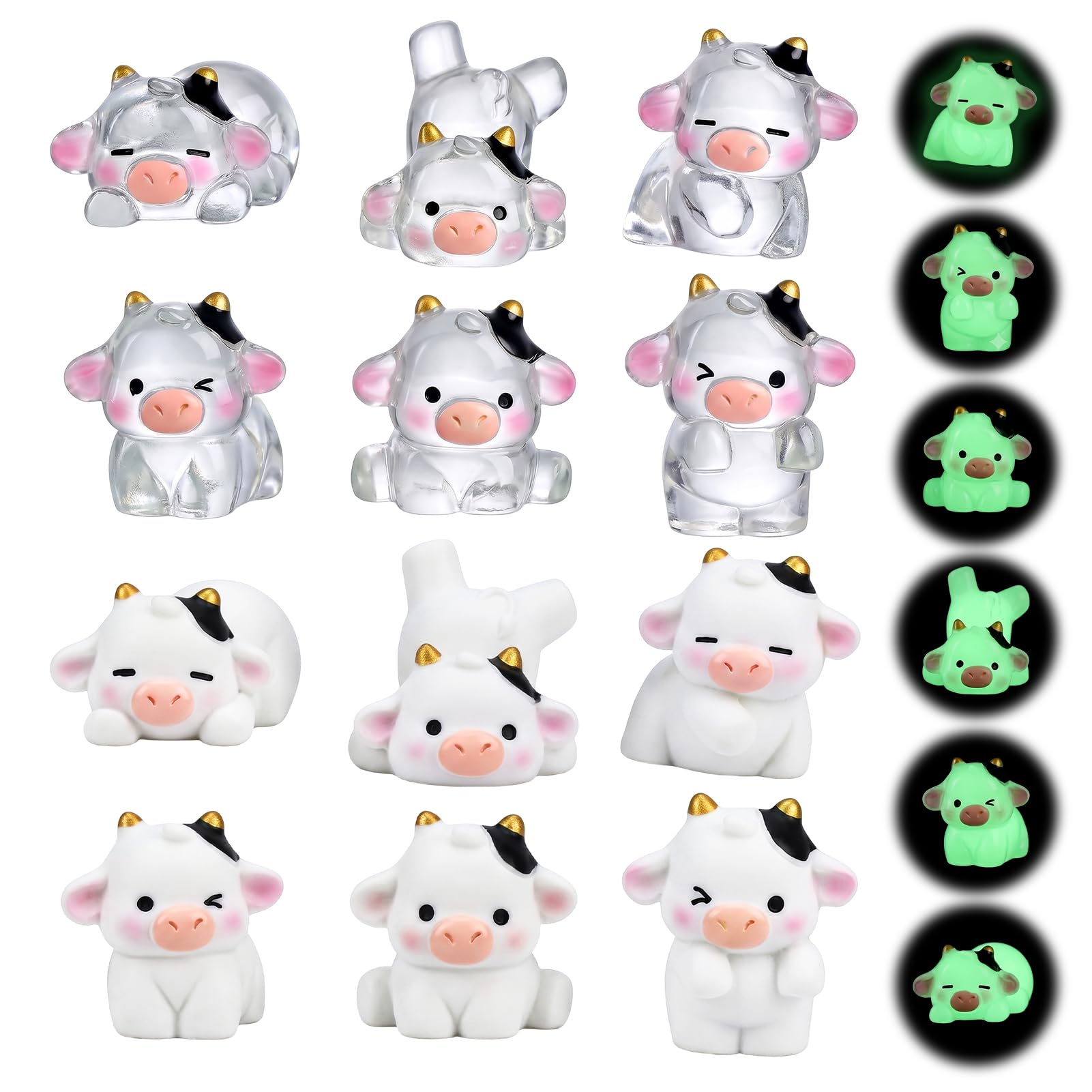 12 PCS Mini Cow Figurines Resin Luminous Animal Miniature for Garden Decor