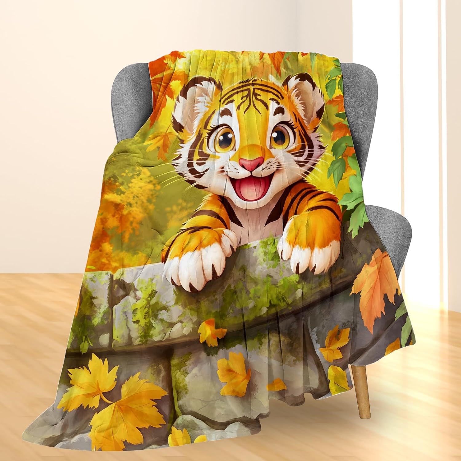 Cute Cartoon Tiger Blanket, Soft Lightweight Flannel Throw Blanket for Couch, Bed, Travel & Home Decor, Fuzzy Cozy Warm Blankets for Adults Kids Women Men 60×50 in