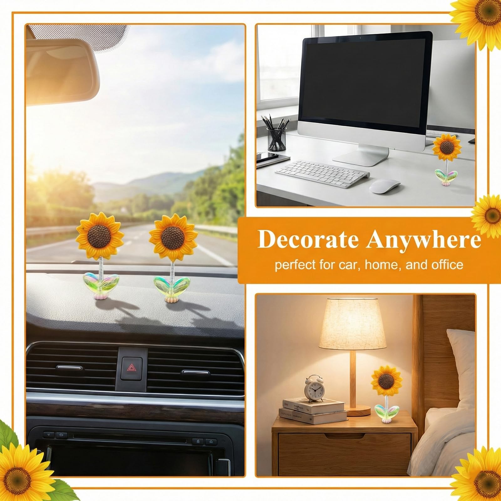 Set di 5 Girasoli Decorazioni Auto con Molla Oscillante, Accessori Auto Interno, Ornamenti Girasole per Cruscotto
