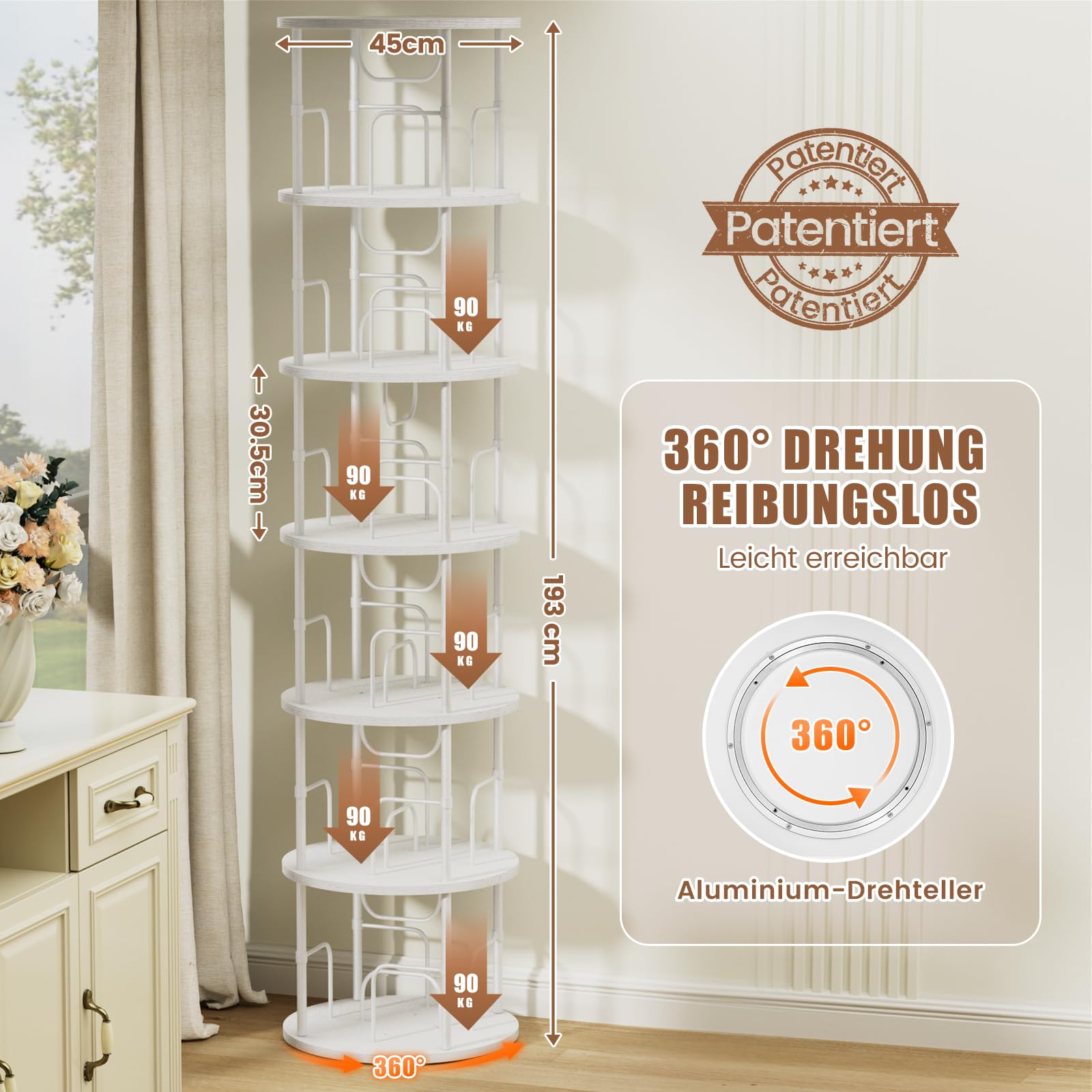 Generisch 360° Drehbares Bücherregal, Bodenstehendes Bücherschrank Aus Holz, Bookshelf Mit 6 Ebenen, Verstellbare Ebenen, Standregal, 45×45×193cm, Weiß