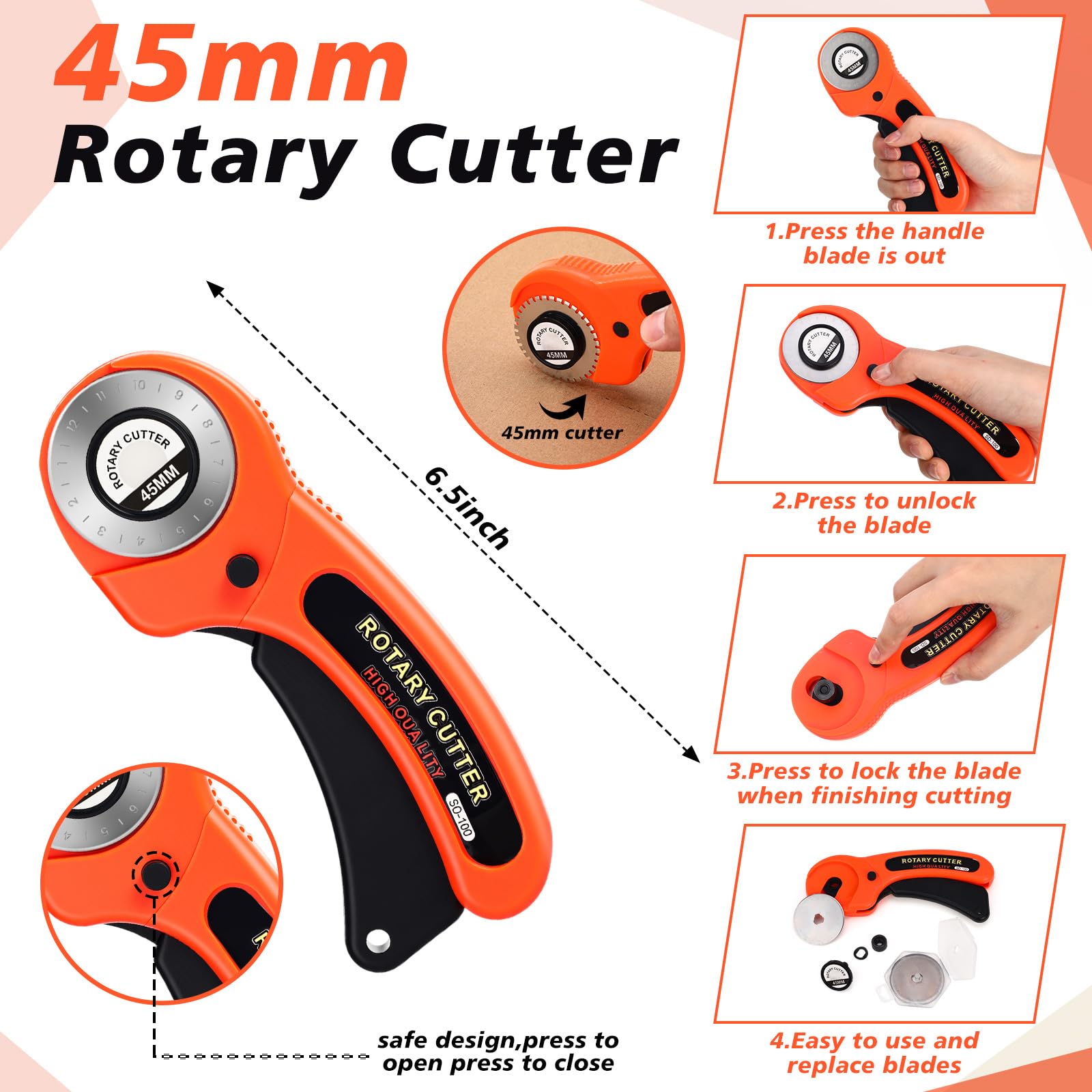 45 mm Rollschneider für Stoff mit 50 Stück Rotationsklingen, Ersatz-Zackenschneider, Zackenschneider für Stoffschneiden, Leder, Basteln, Nähen, Quilten