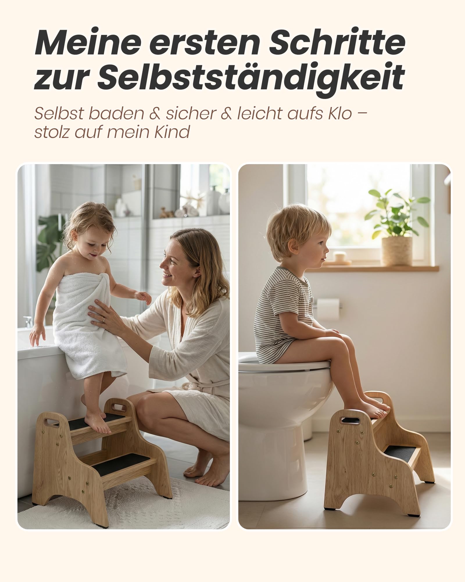 Tritthocker Kinder aus Holz – extra stabil & rutschfest, Anti-Rutsch Stufen, sichere Rundkanten, Fester Halt – ideal für Bad, Toilette & Küche