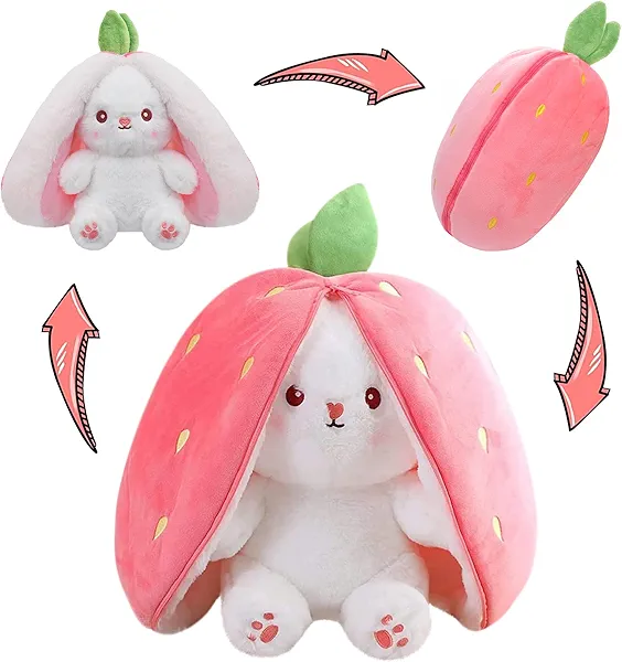 MIAODAM Bunny Stuffed Animal Reversible Cuddle Bunny Stuffed,Strawberry Bunny Transformed Rabbit Plush Zipper,Carrot That Turns Into Ears Bunnies Plushies Toy Cute Stuffy Doll Easter Girlfriend Gift