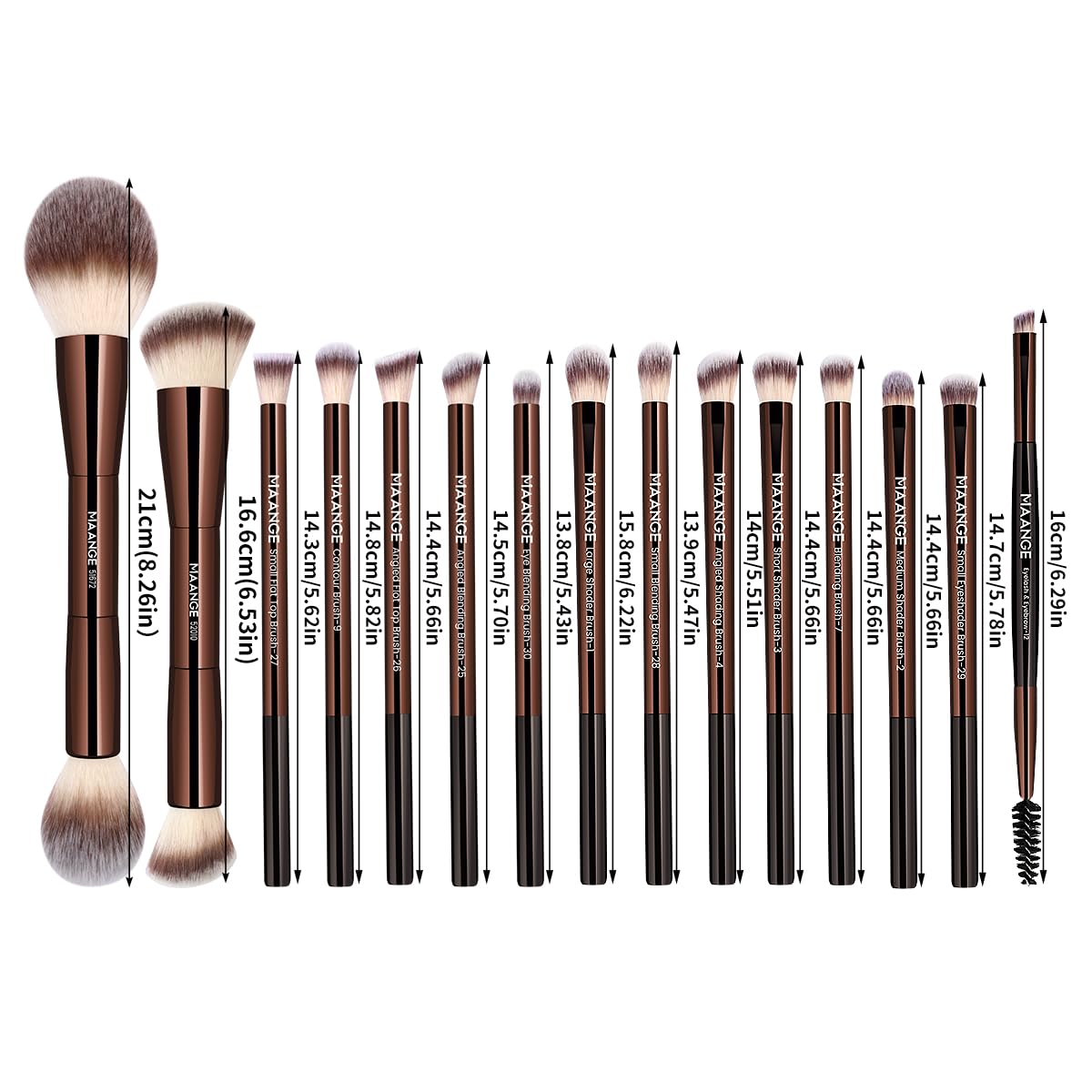 MAANGE Set di 15 pennelli da trucco a doppia estremità, con punta angolata/rotonda, per fondotinta, contouring, sopracciglia, ombretto, correttore (caffè)