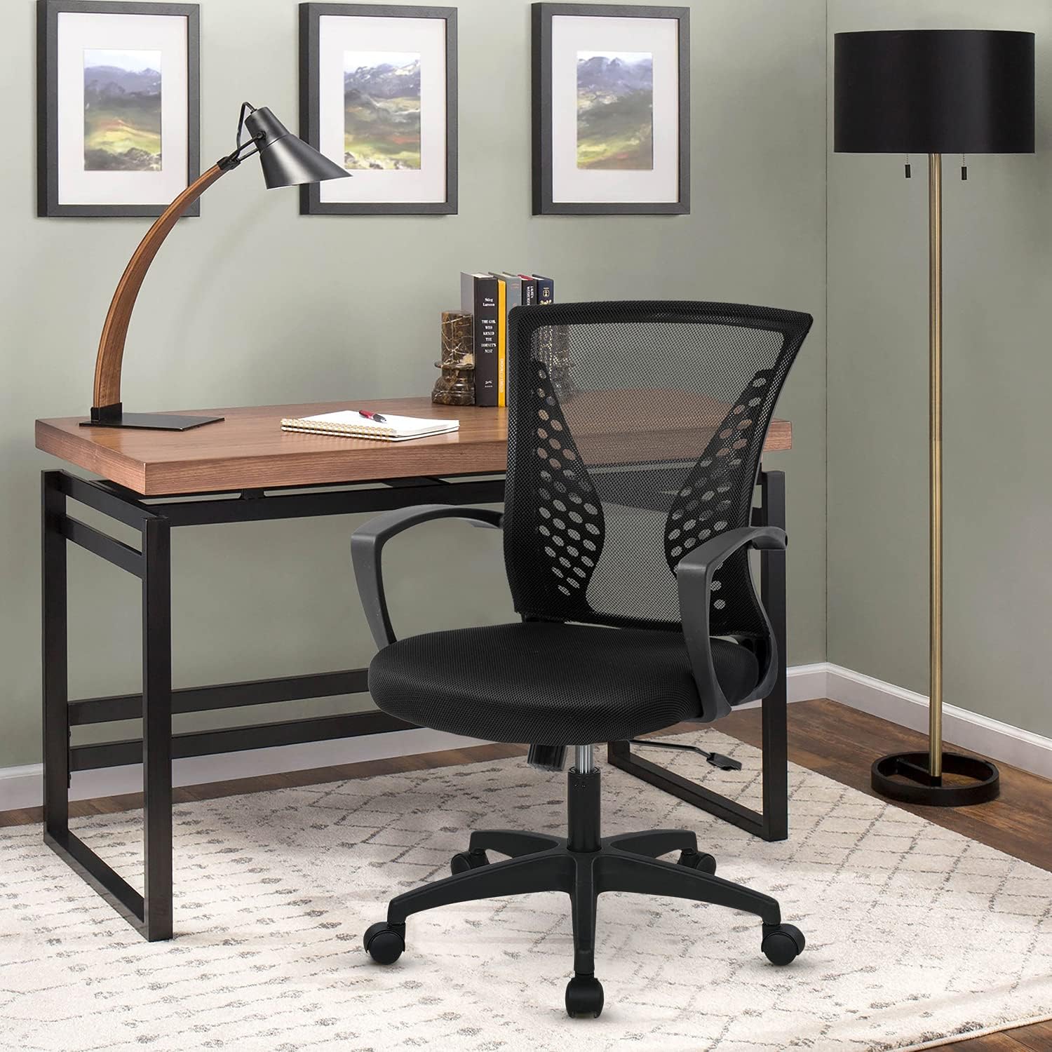 Office Computer Mesh Chair Ergonomic Mid Back Swivel Rolling Desk Chair with Armrest Height Adjustable Lumbar Support x ,Black